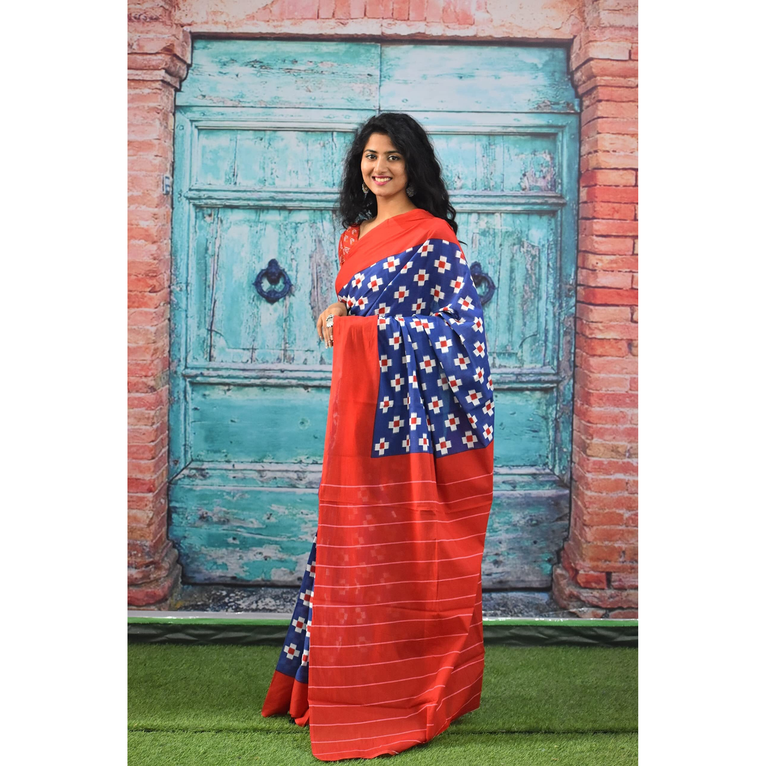 JALTHER Handicrafts Womens Ikat Hand Block Print Jaipuri Cotton Mulmul Saree with Blouse Piece - Blue_359