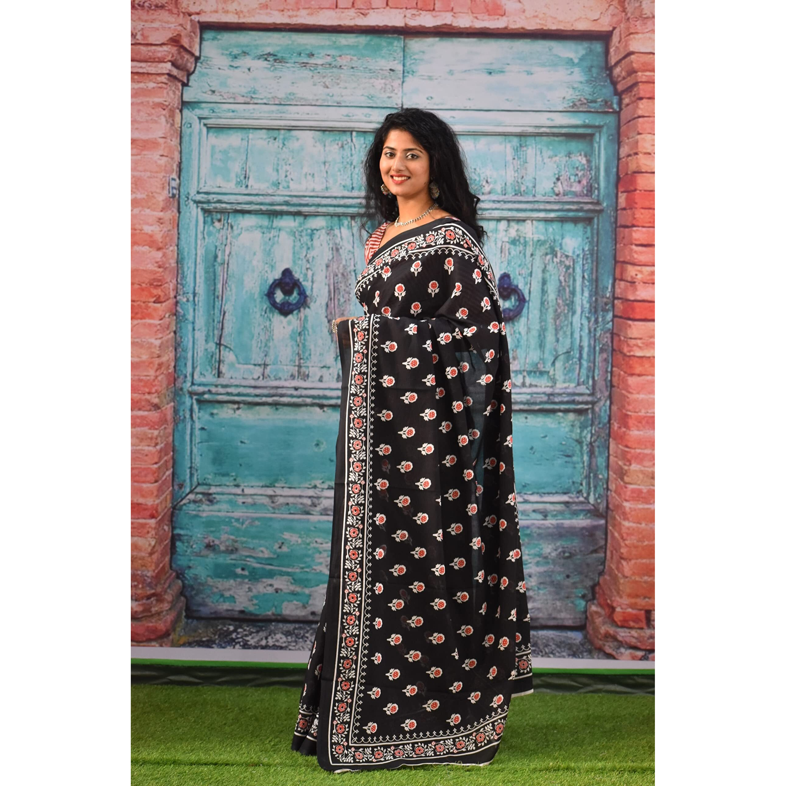 JALTHER Handicrafts Womens Ikat Hand Block Print Jaipuri Cotton Mulmul Saree with Blouse Piece - Black_378