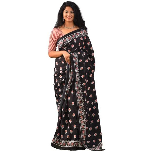 JALTHER Handicrafts Womens Ikat Hand Block Print Jaipuri Cotton Mulmul Saree with Blouse Piece - Black_373