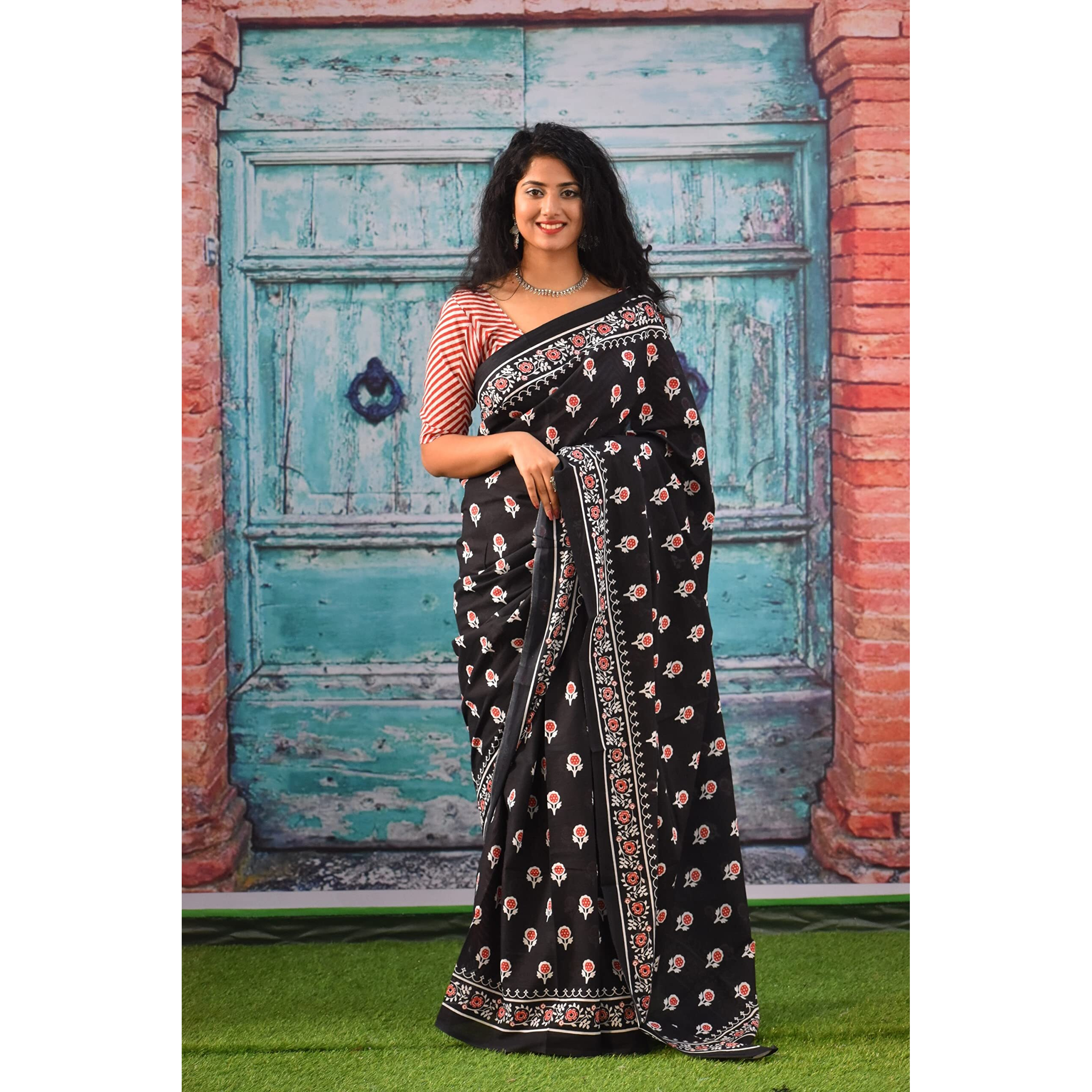 JALTHER Handicrafts Womens Ikat Hand Block Print Jaipuri Cotton Mulmul Saree with Blouse Piece - Black_373