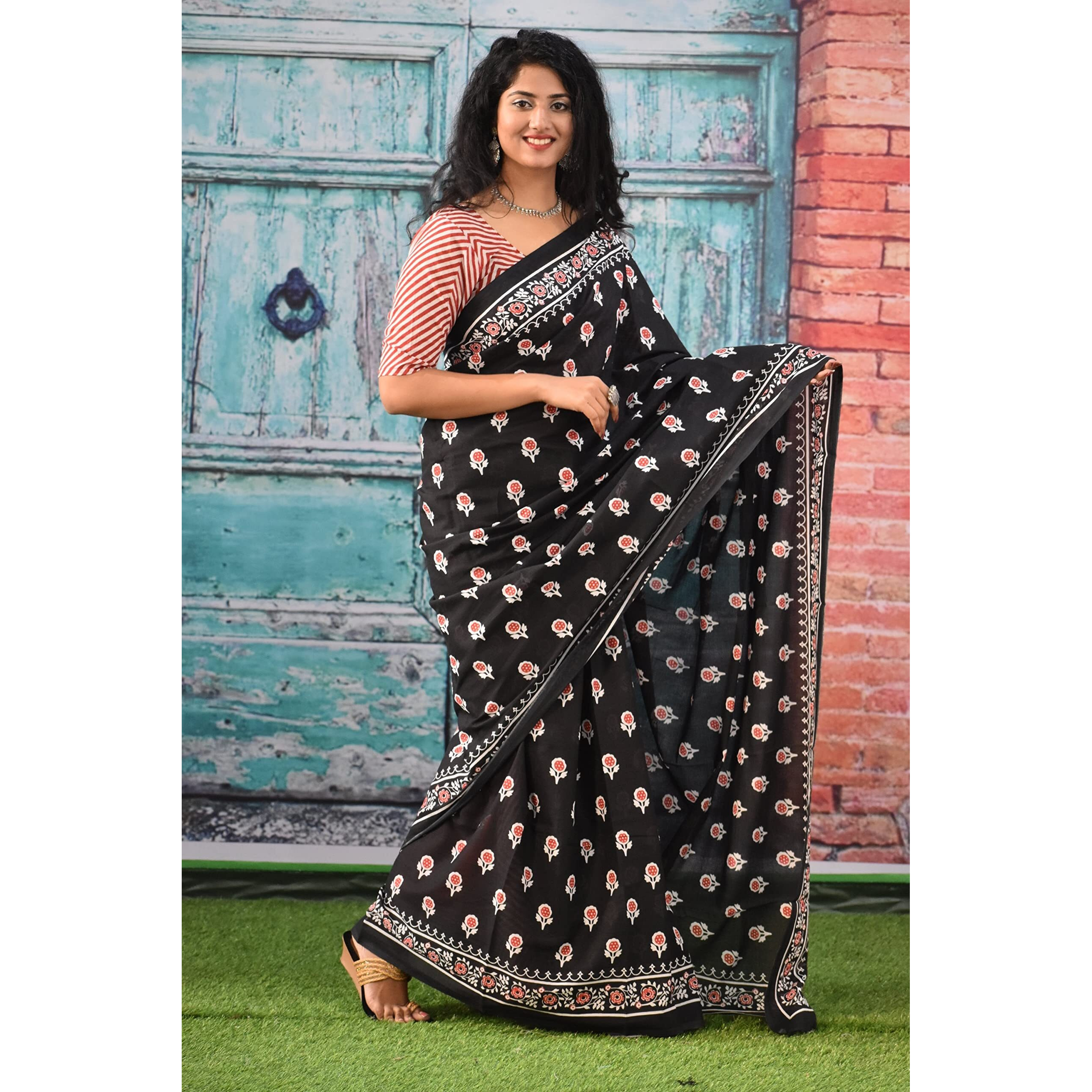 JALTHER Handicrafts Womens Ikat Hand Block Print Jaipuri Cotton Mulmul Saree with Blouse Piece - Black_373