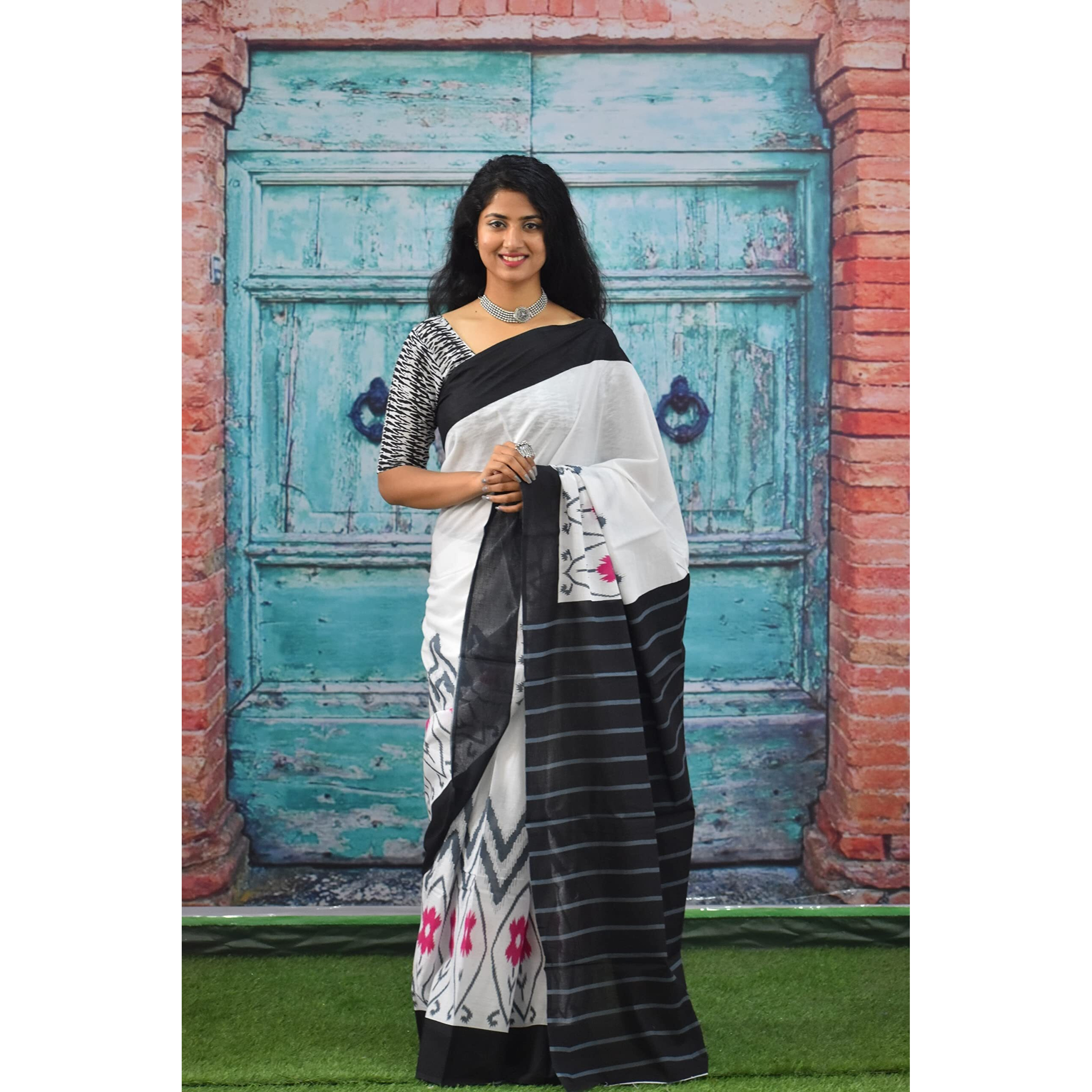 JALTHER Handicrafts Womens Ikat Hand Block Print Jaipuri Cotton Mulmul Saree with Blouse Piece - White_354