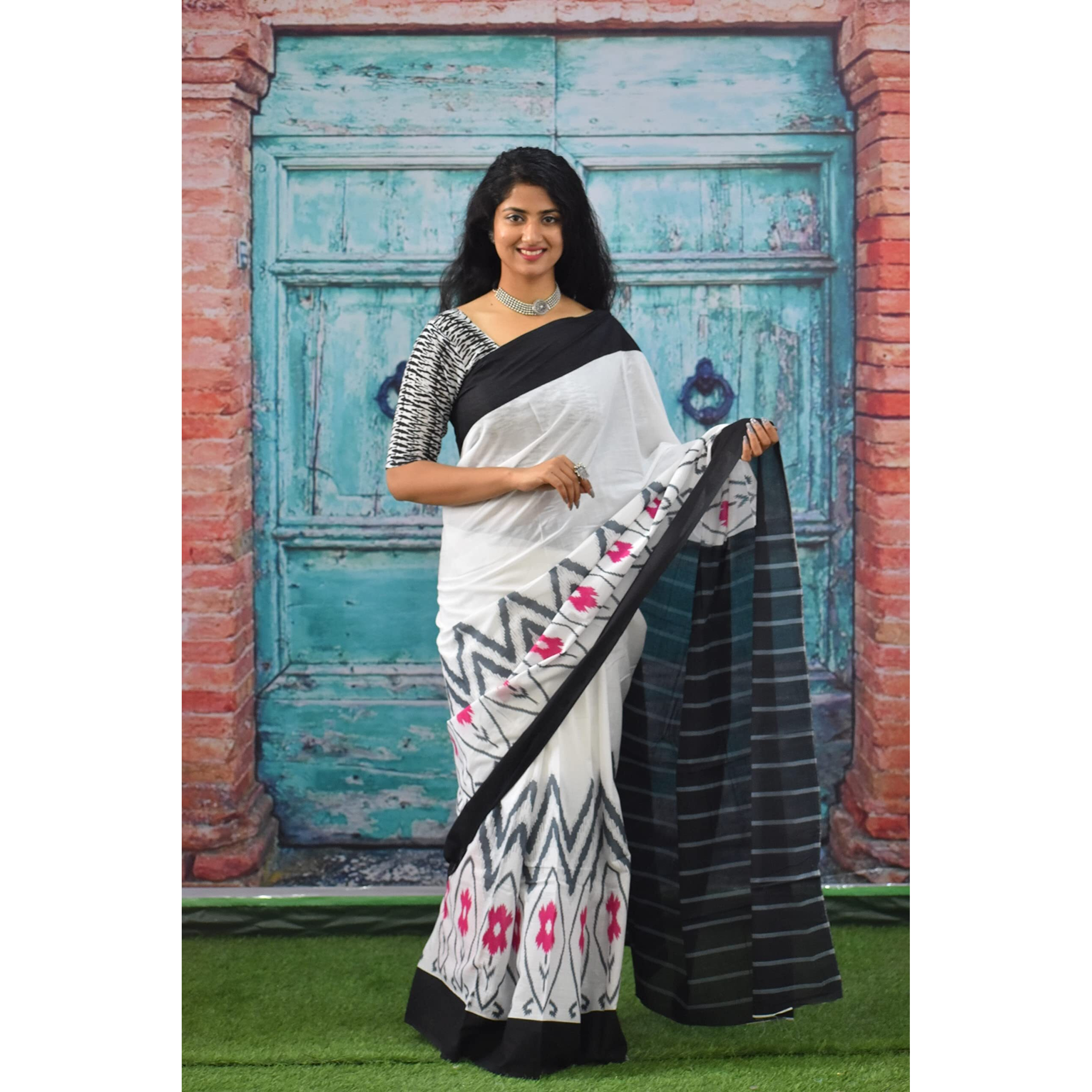 JALTHER Handicrafts Womens Ikat Hand Block Print Jaipuri Cotton Mulmul Saree with Blouse Piece - White_354