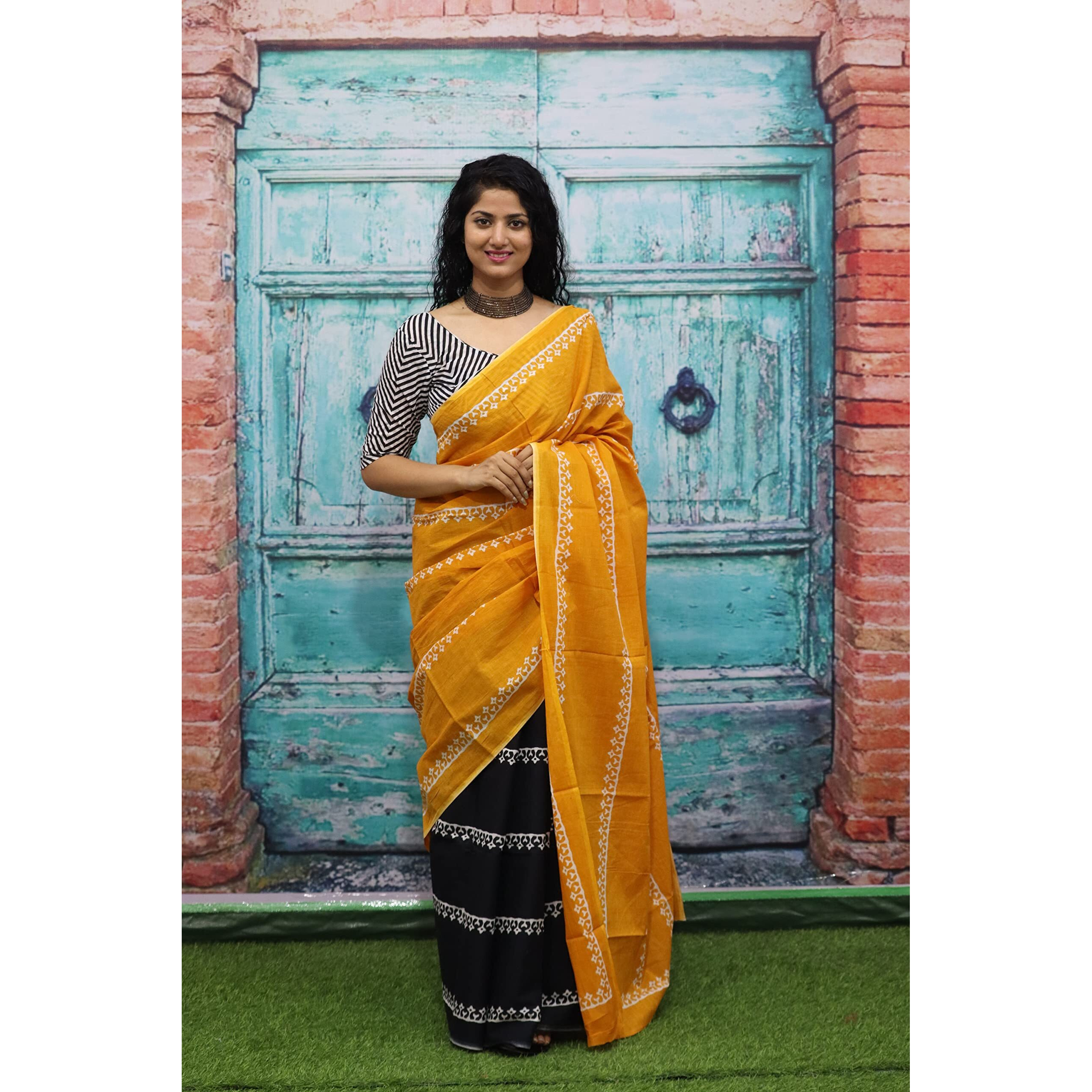 JALTHER Handicrafts Womens Ikat Hand Block Print Jaipuri Cotton Mulmul Saree with Blouse Piece - Yellow_371
