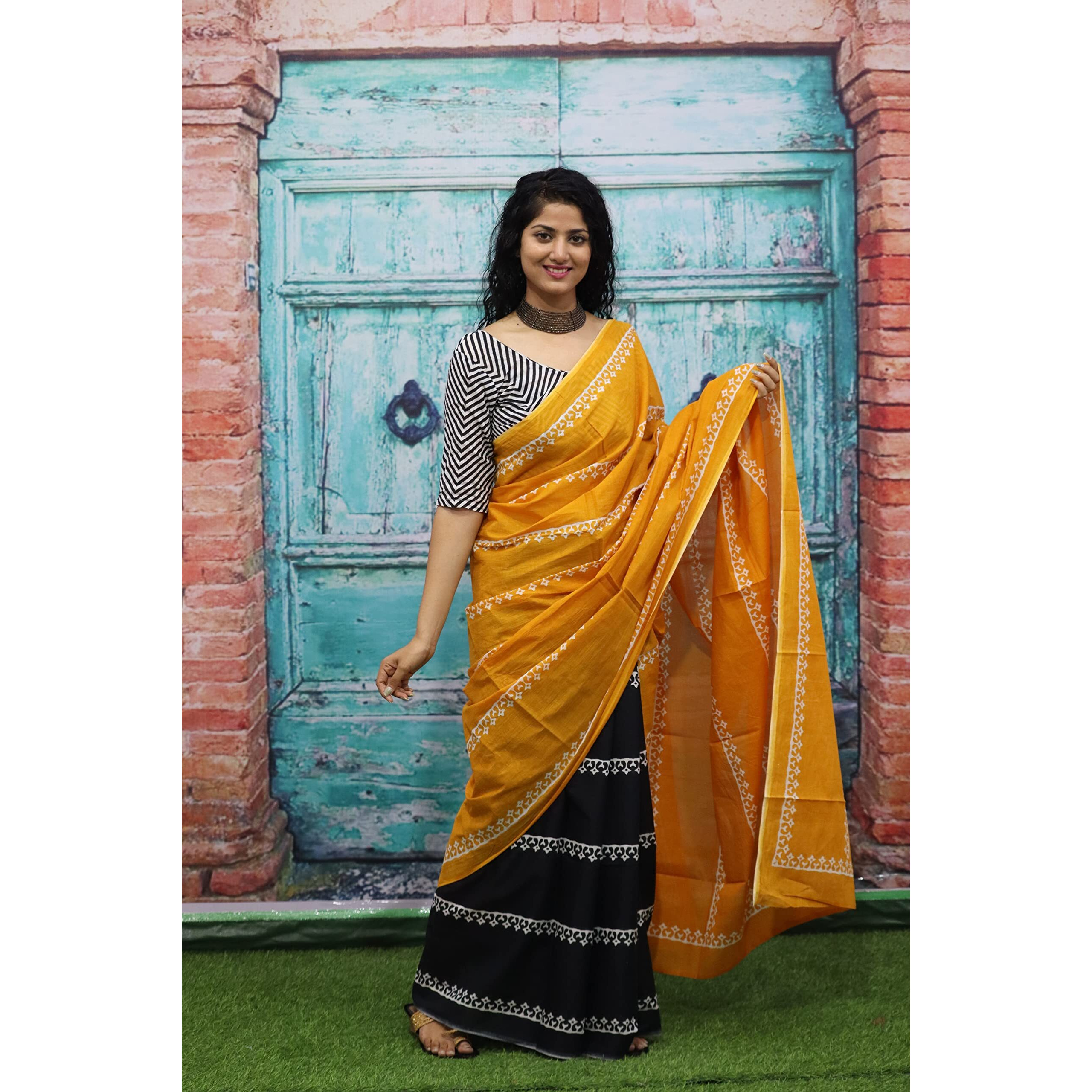 JALTHER Handicrafts Womens Ikat Hand Block Print Jaipuri Cotton Mulmul Saree with Blouse Piece - Yellow_371