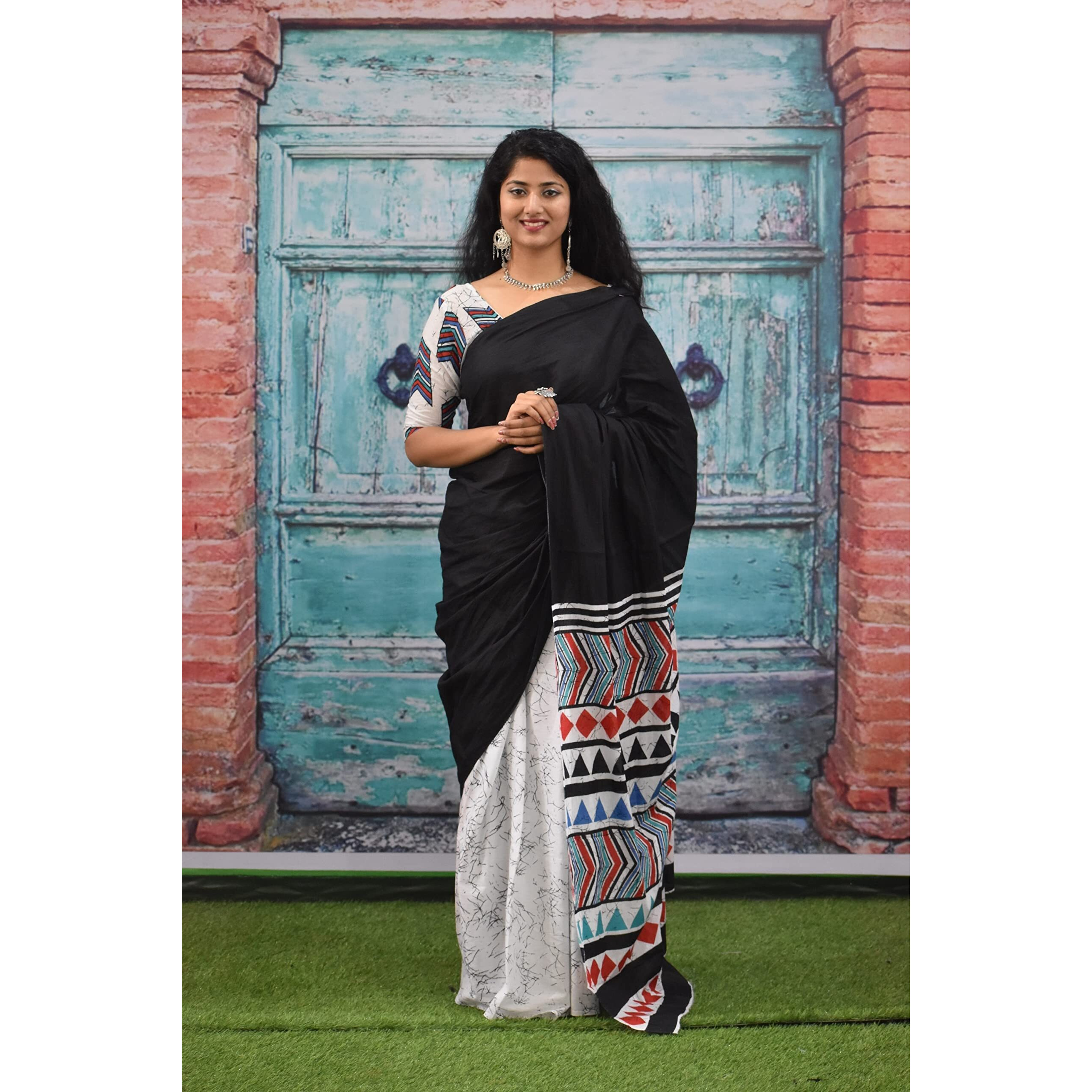 JALTHER Handicrafts Womens Ikat Hand Block Print Jaipuri Cotton Mulmul Saree with Blouse Piece - Black_360