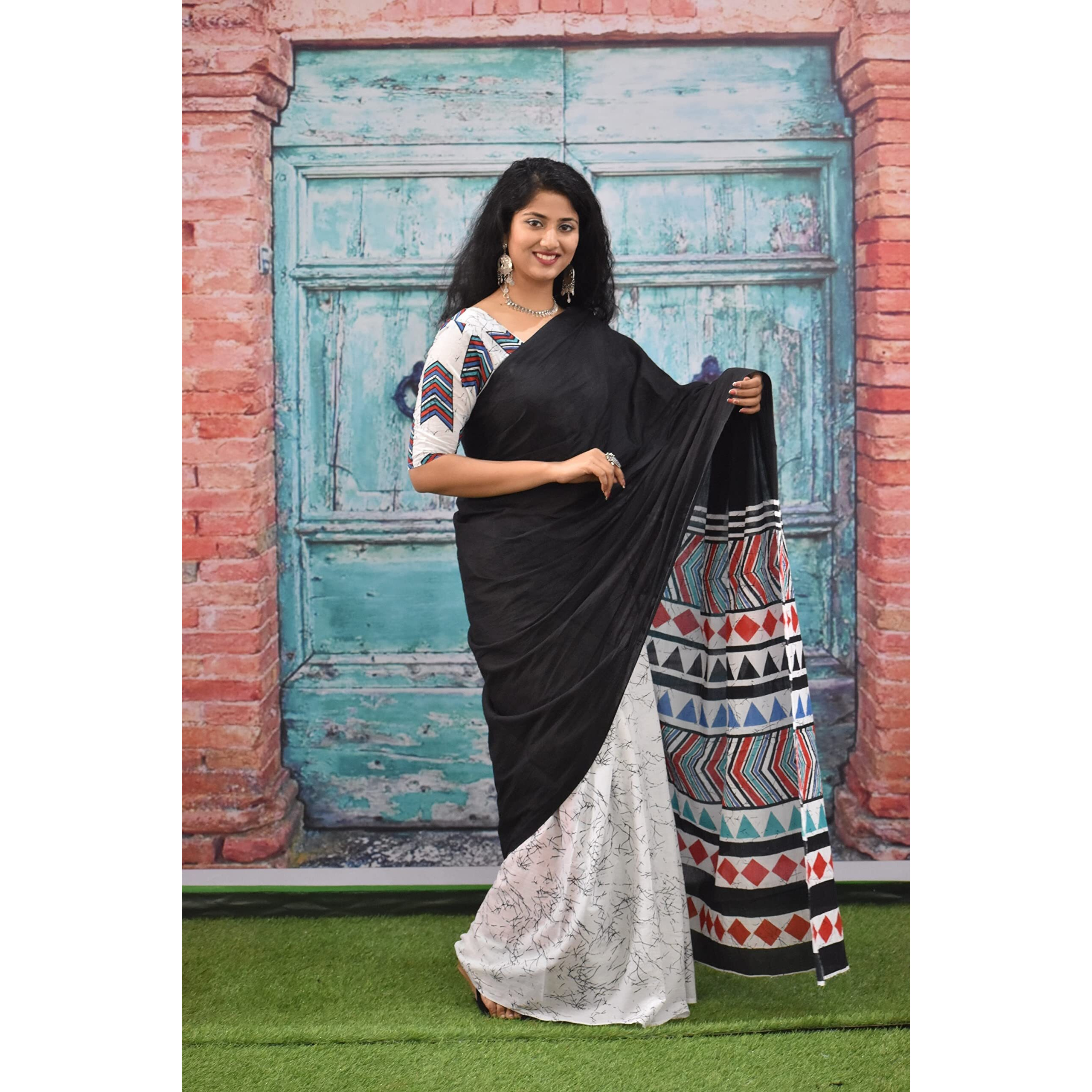 JALTHER Handicrafts Womens Ikat Hand Block Print Jaipuri Cotton Mulmul Saree with Blouse Piece - Black_360