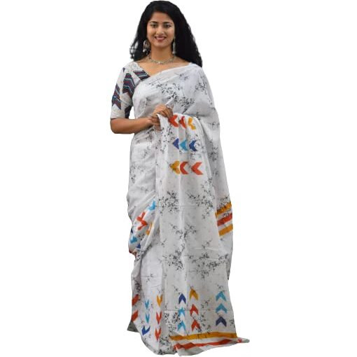 JALTHER Handicrafts Womens Ikat Hand Block Print Jaipuri Cotton Mulmul Saree with Blouse Piece - White_358