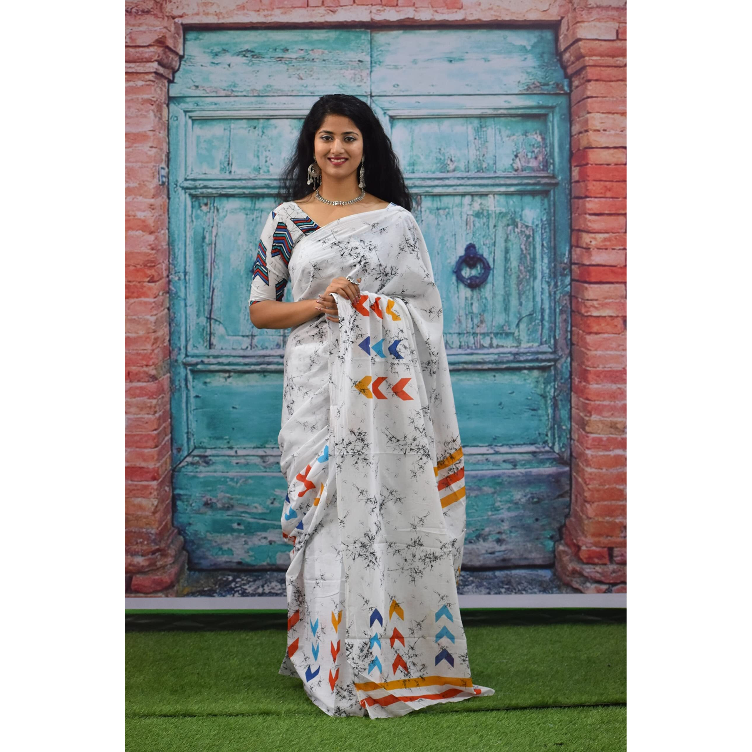 JALTHER Handicrafts Womens Ikat Hand Block Print Jaipuri Cotton Mulmul Saree with Blouse Piece - White_358