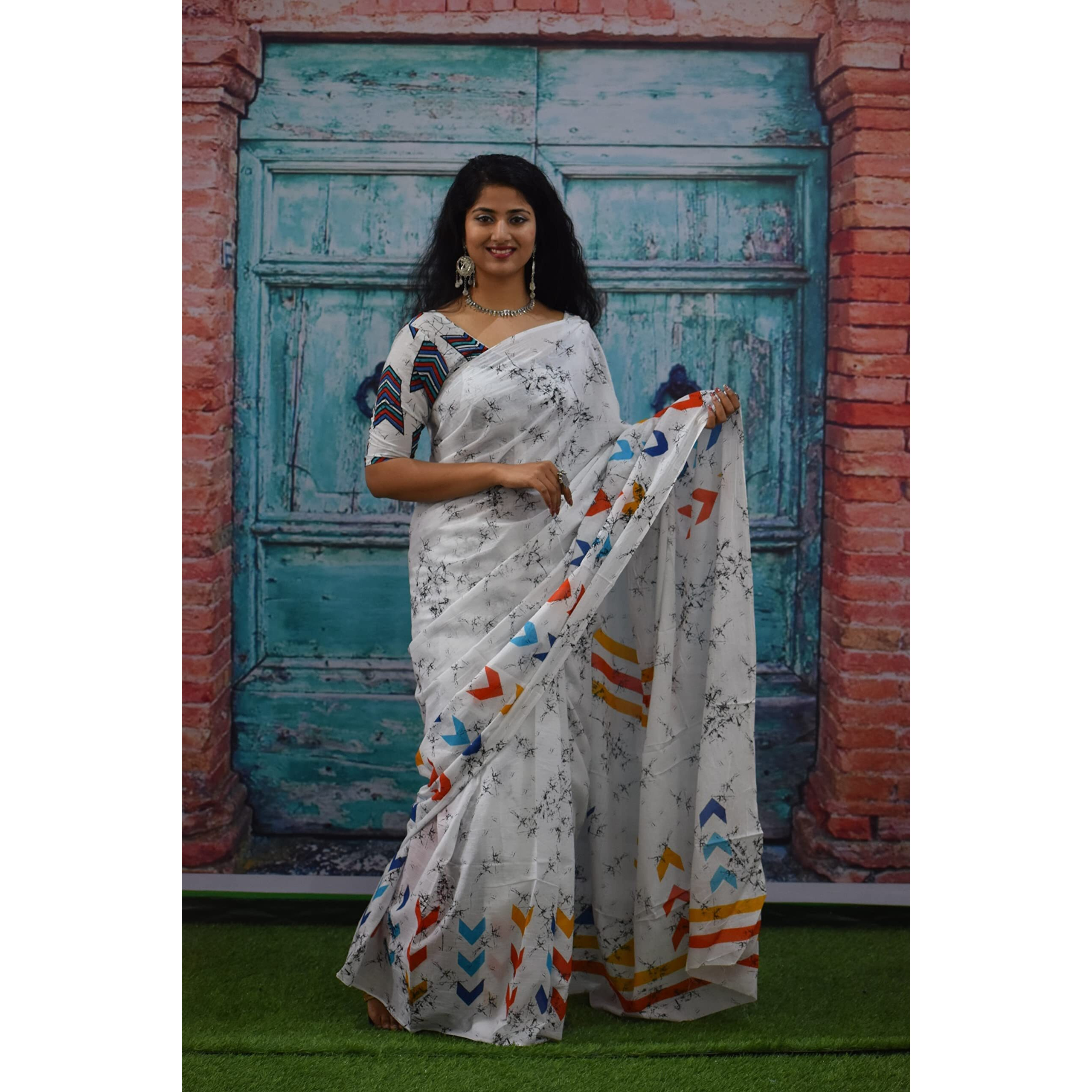 JALTHER Handicrafts Womens Ikat Hand Block Print Jaipuri Cotton Mulmul Saree with Blouse Piece - White_358
