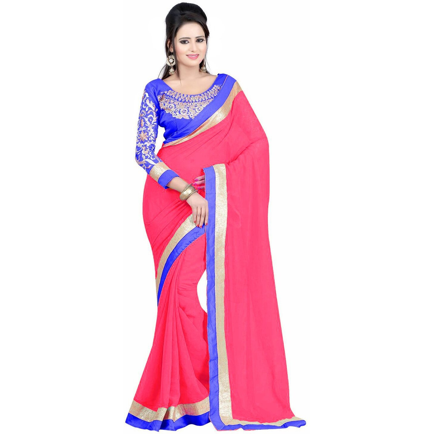 Winza Womens Chanderi Chiffon sarees for women Tomato Pink Free