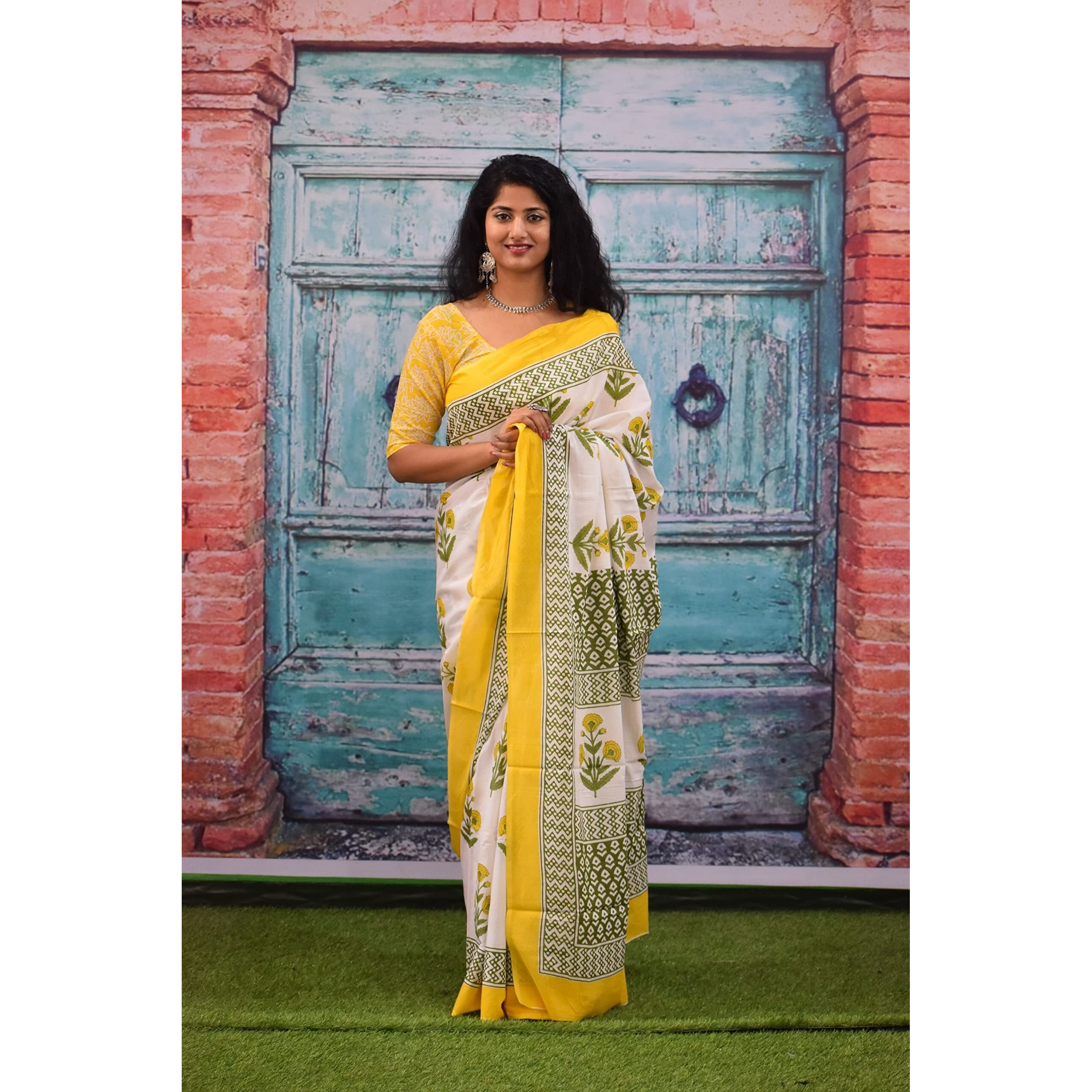 JALTHER Handicrafts Womens Ikat Hand Block Print Jaipuri Cotton Mulmul Saree with Blouse Piece - Yellow_150