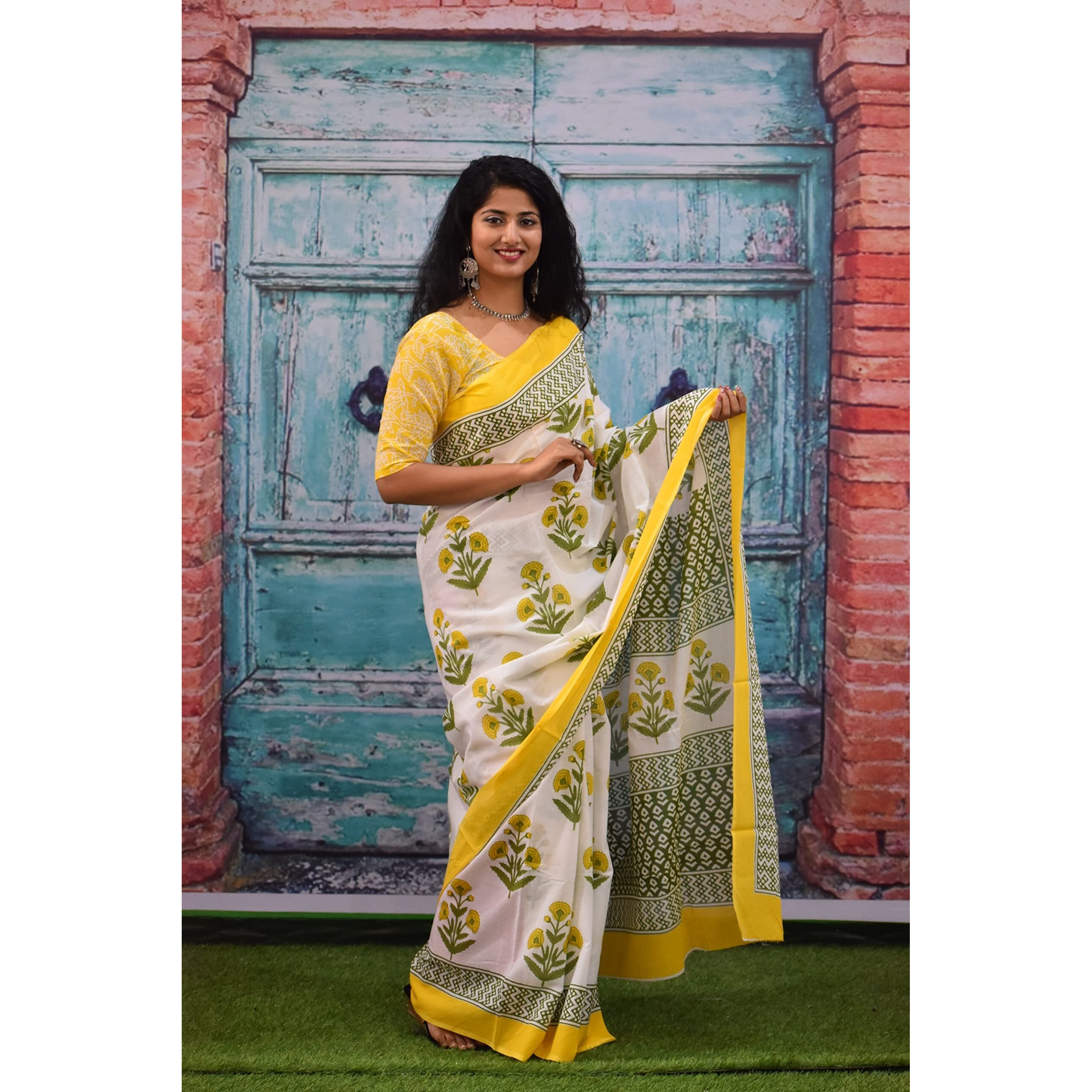 JALTHER Handicrafts Womens Ikat Hand Block Print Jaipuri Cotton Mulmul Saree with Blouse Piece - Yellow_150