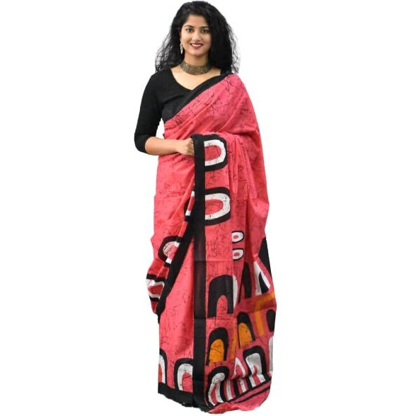 JALTHER Handicrafts Womens Ikat Hand Block Print Jaipuri Cotton Mulmul Saree with Blouse Piece - Multi_154