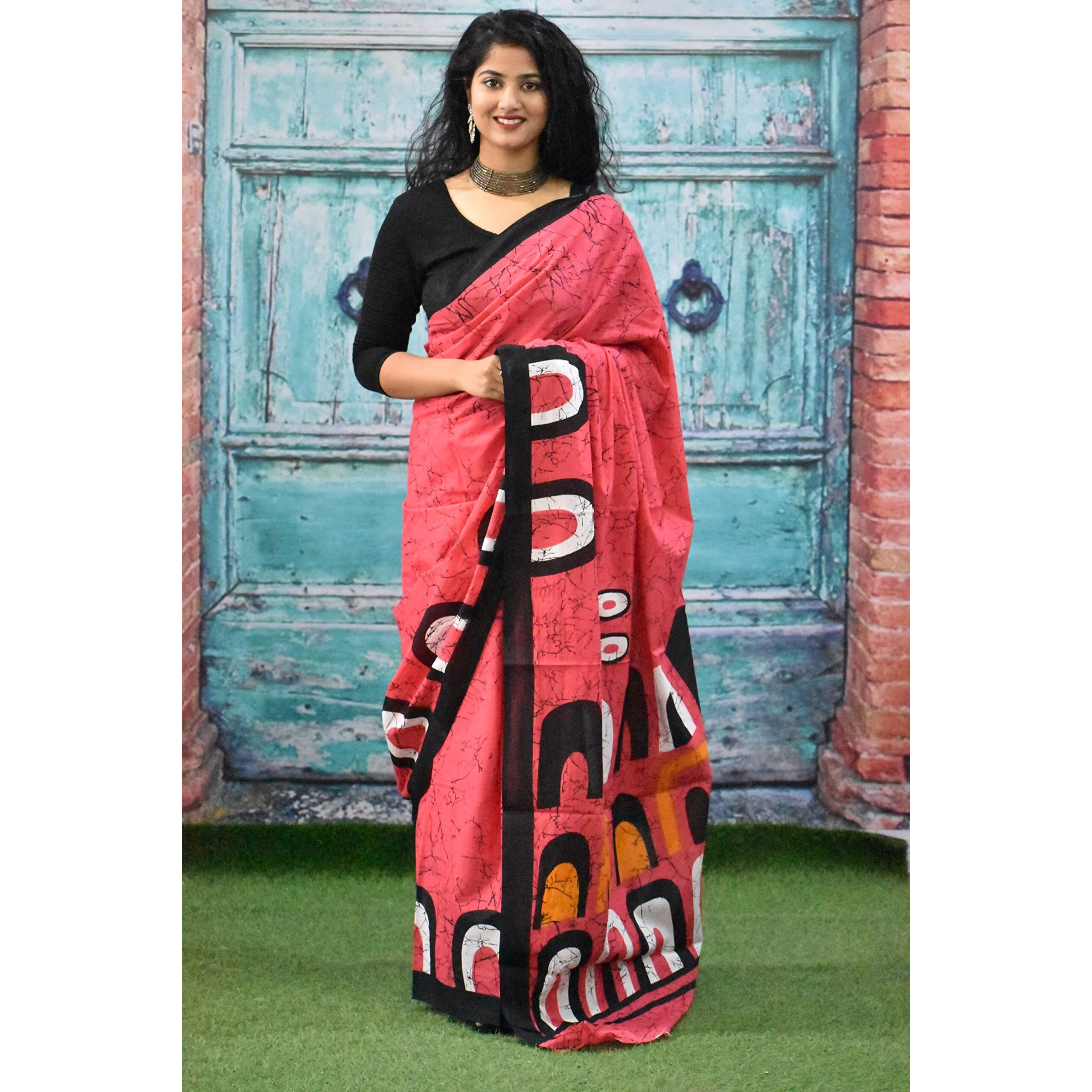 JALTHER Handicrafts Womens Ikat Hand Block Print Jaipuri Cotton Mulmul Saree with Blouse Piece - Multi_154