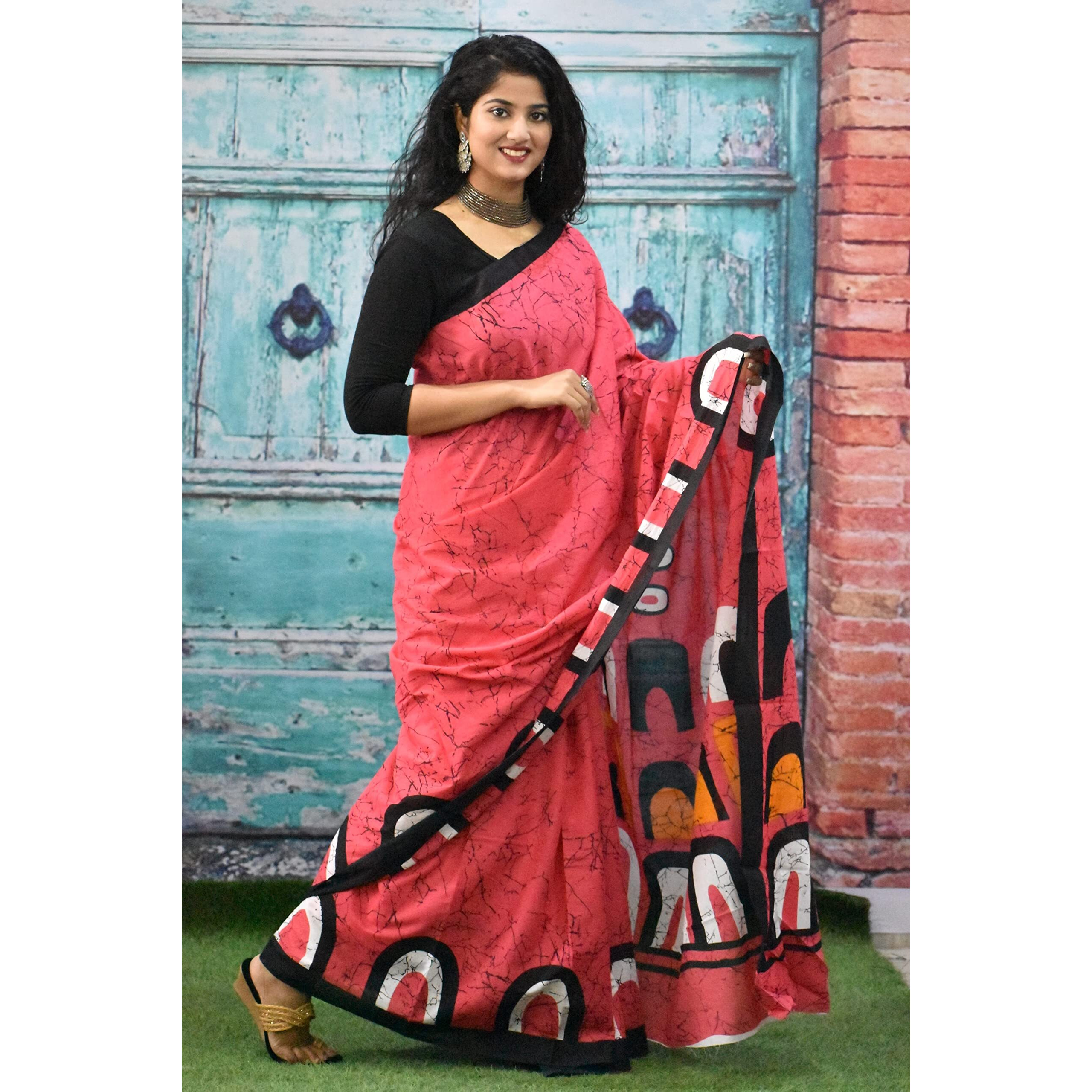 JALTHER Handicrafts Womens Ikat Hand Block Print Jaipuri Cotton Mulmul Saree with Blouse Piece - Multi_154