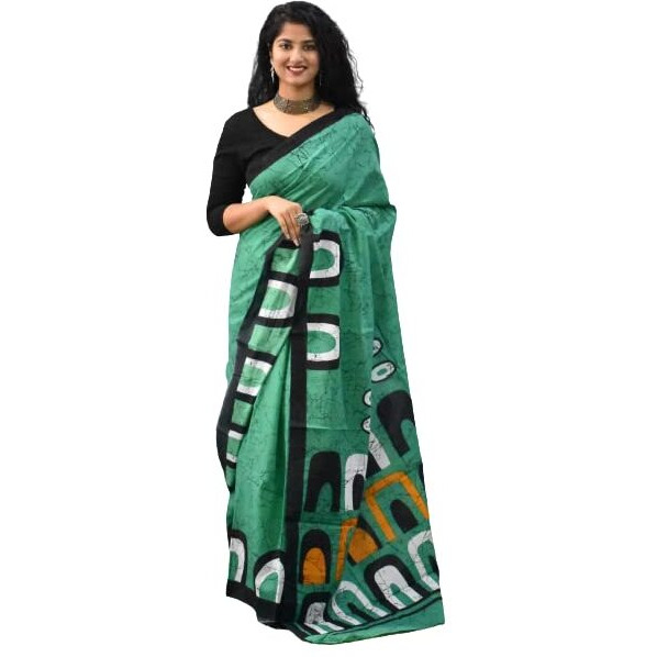 JALTHER Handicrafts Womens Ikat Hand Block Print Jaipuri Cotton Mulmul Saree with Blouse Piece - Green_155