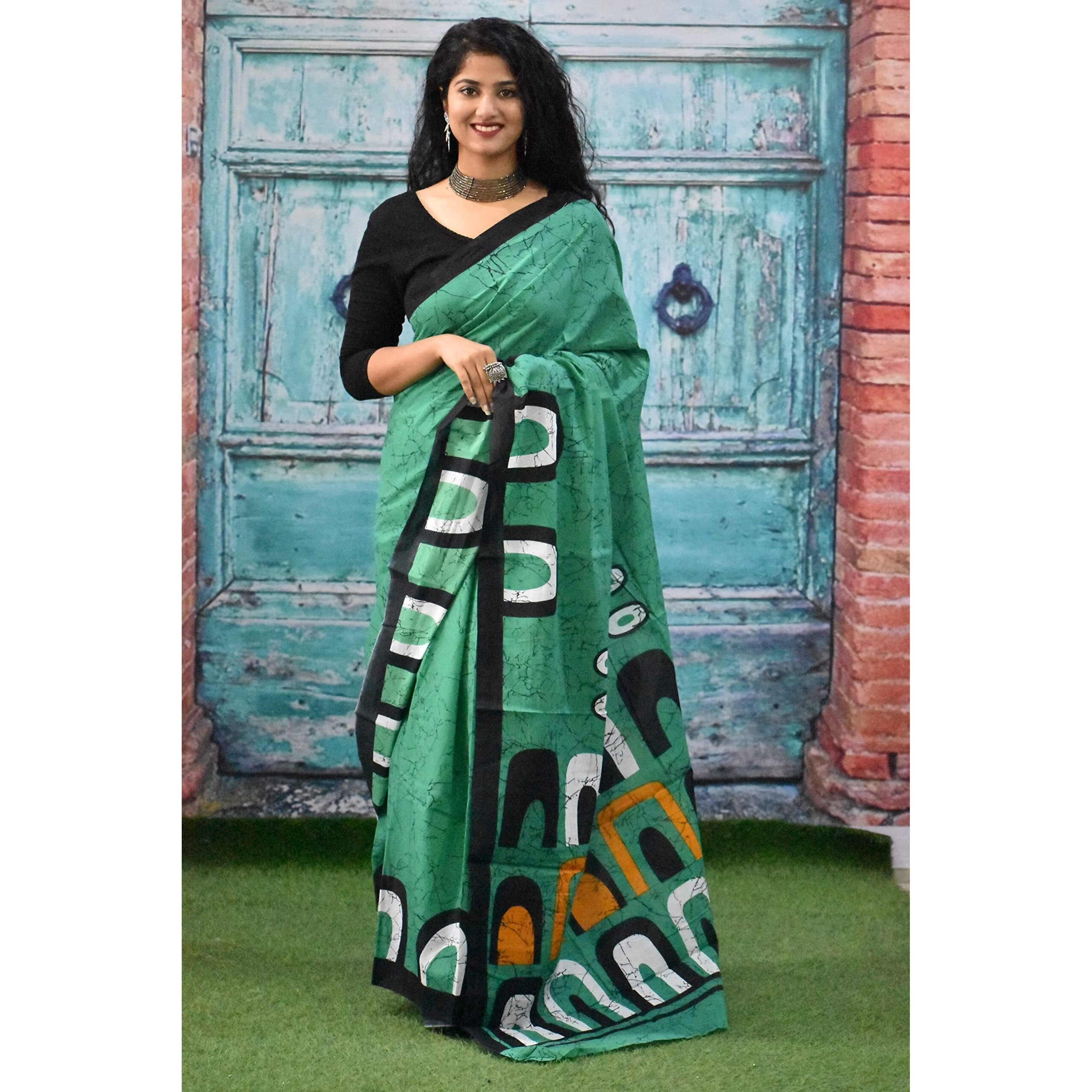 JALTHER Handicrafts Womens Ikat Hand Block Print Jaipuri Cotton Mulmul Saree with Blouse Piece - Green_155