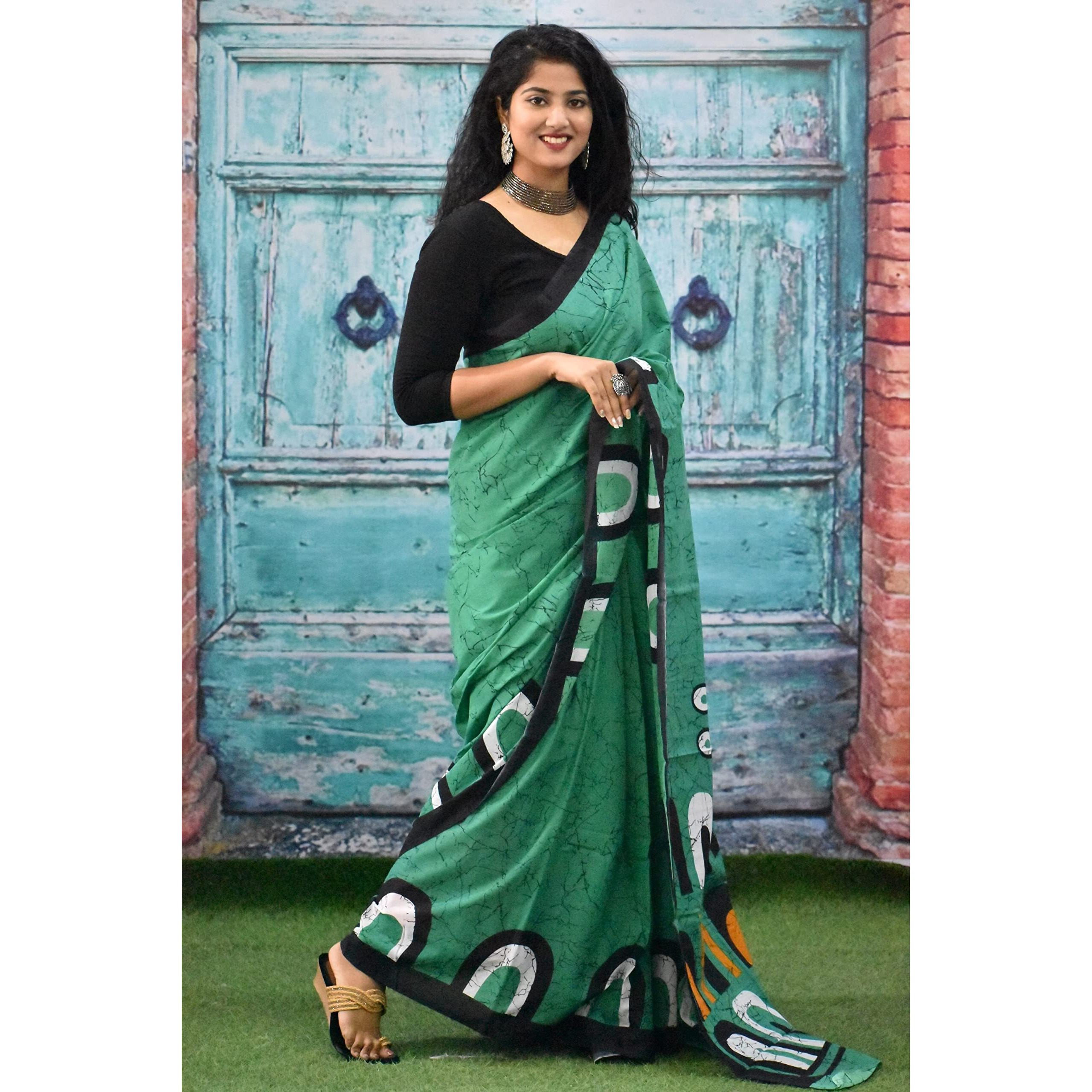 JALTHER Handicrafts Womens Ikat Hand Block Print Jaipuri Cotton Mulmul Saree with Blouse Piece - Green_155