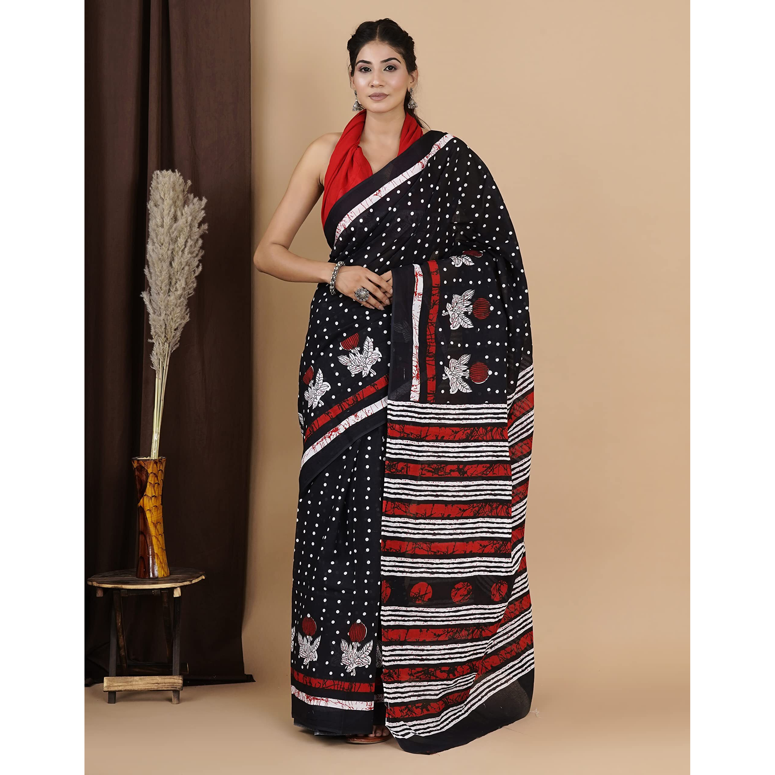 JALTHER Womens Ikat Hand Block Print Jaipuri Cotton Mulmul Saree with Blouse Piece -Black_Shiv_2039