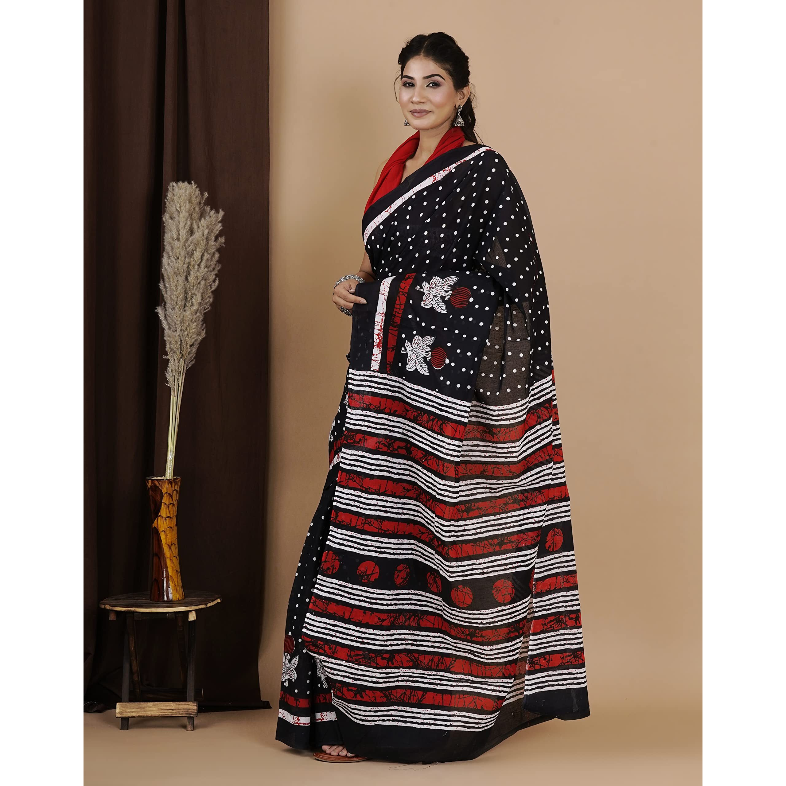 JALTHER Womens Ikat Hand Block Print Jaipuri Cotton Mulmul Saree with Blouse Piece -Black_Shiv_2039