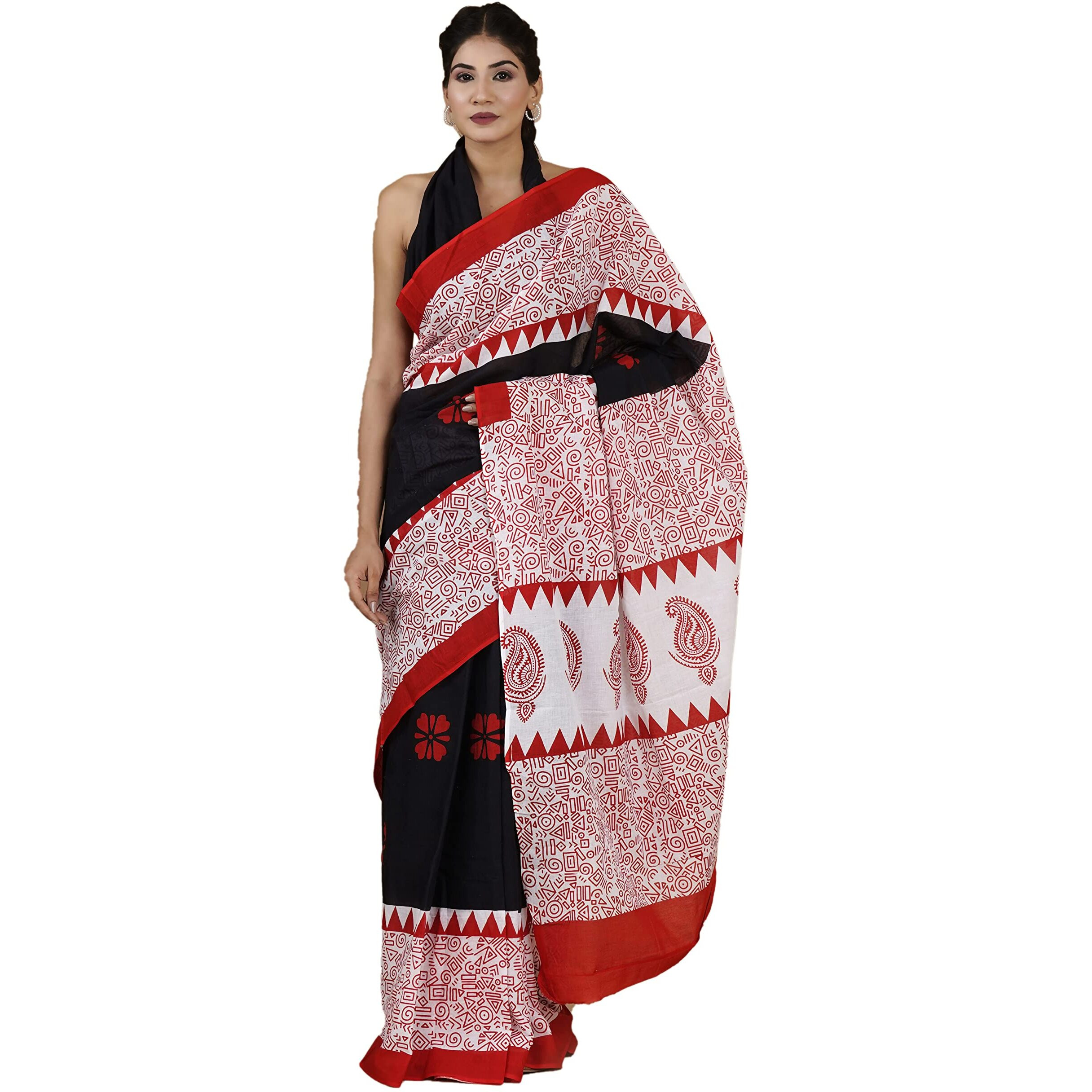 JALTHER Womens Ikat Hand Block Print Jaipuri Cotton Mulmul Saree with Blouse Piece -Red_Shiv_2040