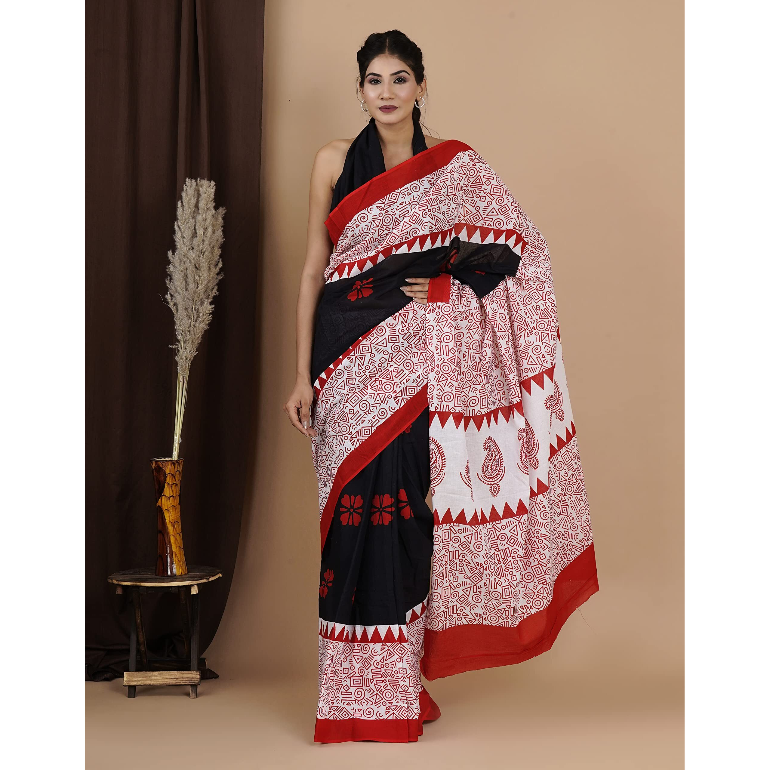 JALTHER Womens Ikat Hand Block Print Jaipuri Cotton Mulmul Saree with Blouse Piece -Red_Shiv_2040