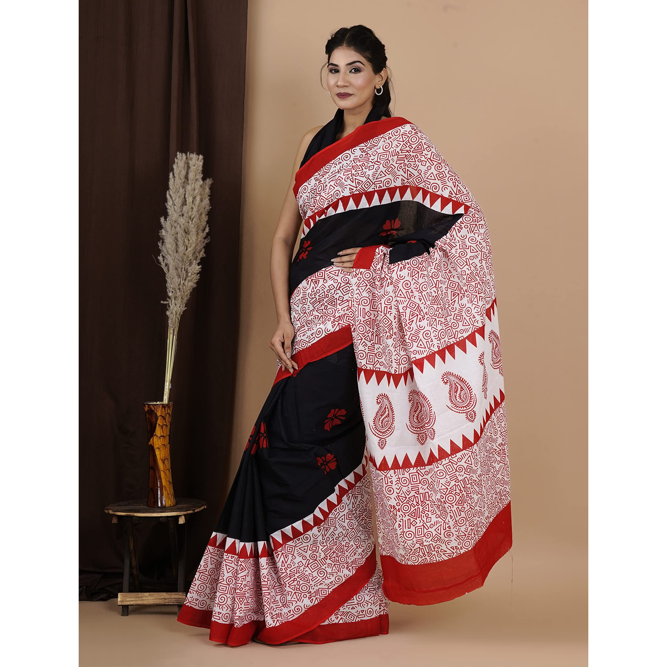 JALTHER Womens Ikat Hand Block Print Jaipuri Cotton Mulmul Saree with Blouse Piece -Red_Shiv_2040