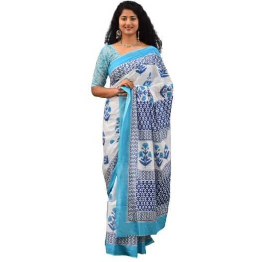 JALTHER Handicrafts Womens Ikat Hand Block Print Jaipuri Cotton Mulmul Saree with Blouse Piece - White_151