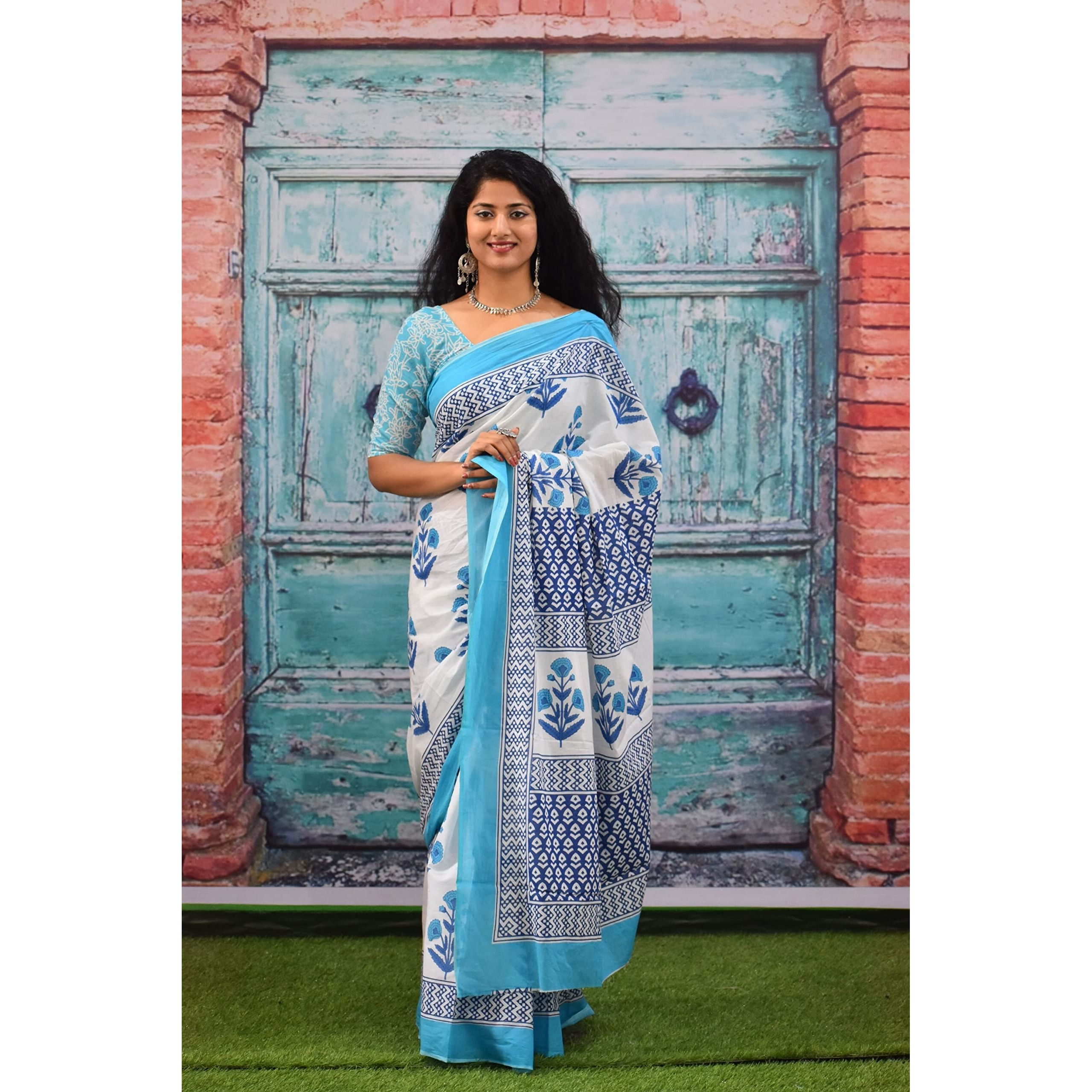 JALTHER Handicrafts Womens Ikat Hand Block Print Jaipuri Cotton Mulmul Saree with Blouse Piece - White_151