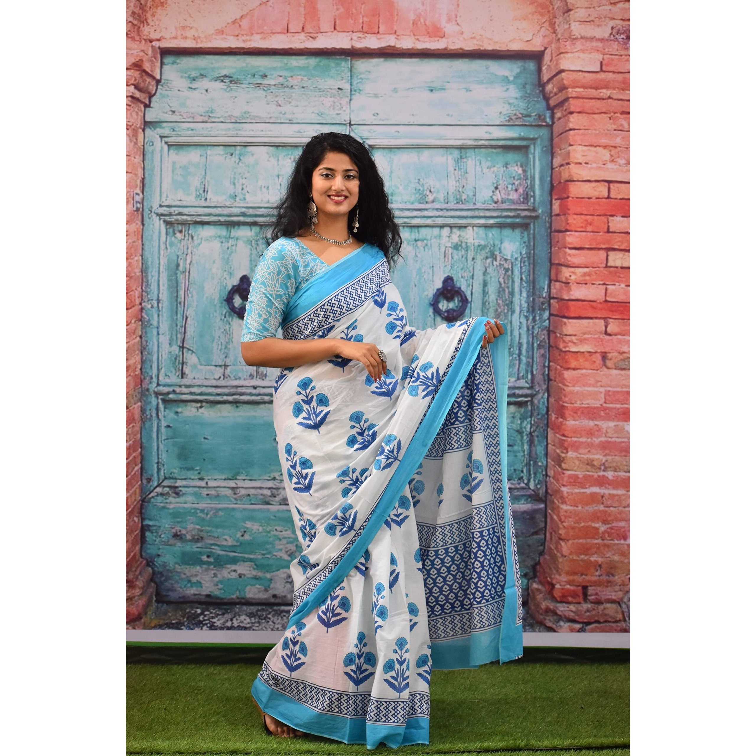 JALTHER Handicrafts Womens Ikat Hand Block Print Jaipuri Cotton Mulmul Saree with Blouse Piece - White_151