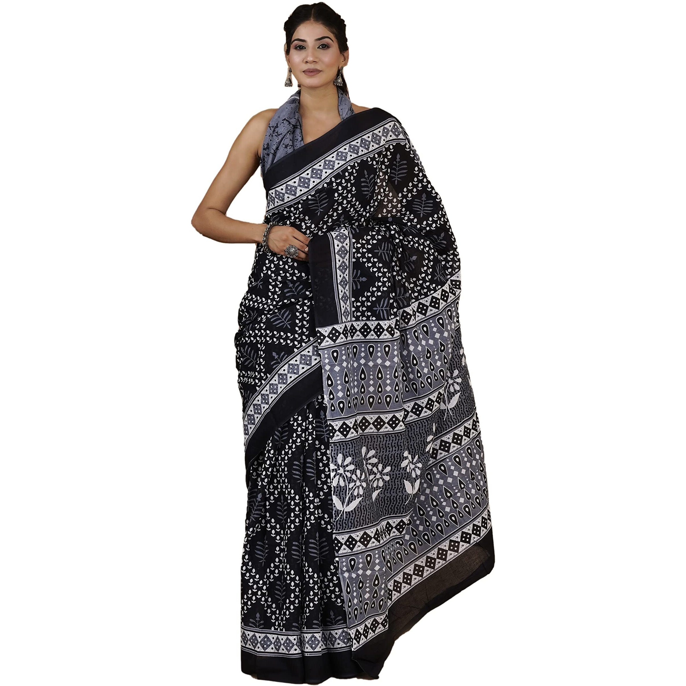 JALTHER Womens Ikat Hand Block Print Jaipuri Cotton Mulmul Saree with Blouse Piece -Black_Shiv_2033