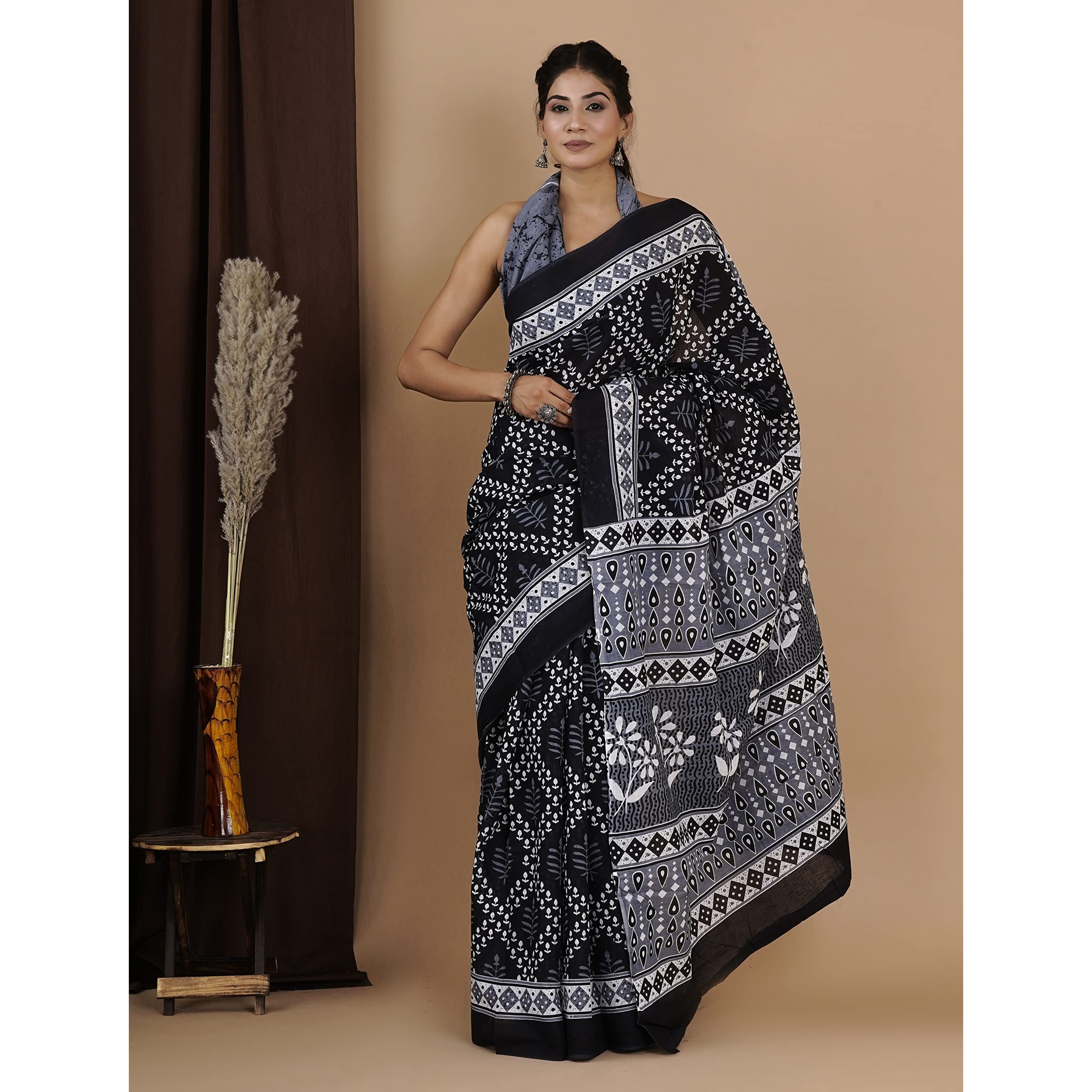 JALTHER Womens Ikat Hand Block Print Jaipuri Cotton Mulmul Saree with Blouse Piece -Black_Shiv_2033