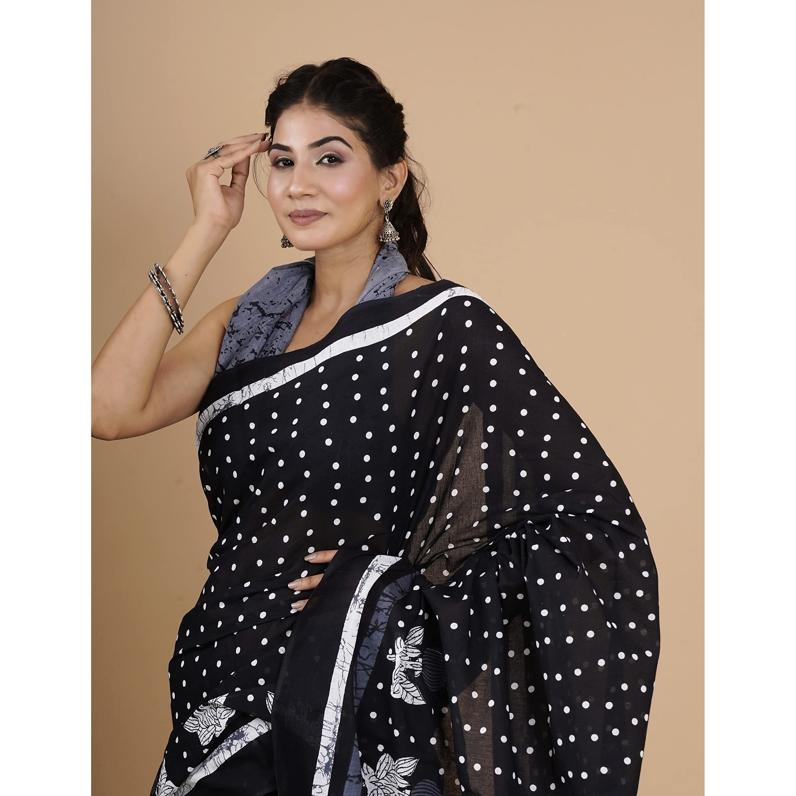 JALTHER Womens Ikat Hand Block Print Jaipuri Cotton Mulmul Saree with Blouse Piece -Black_Shiv_2033