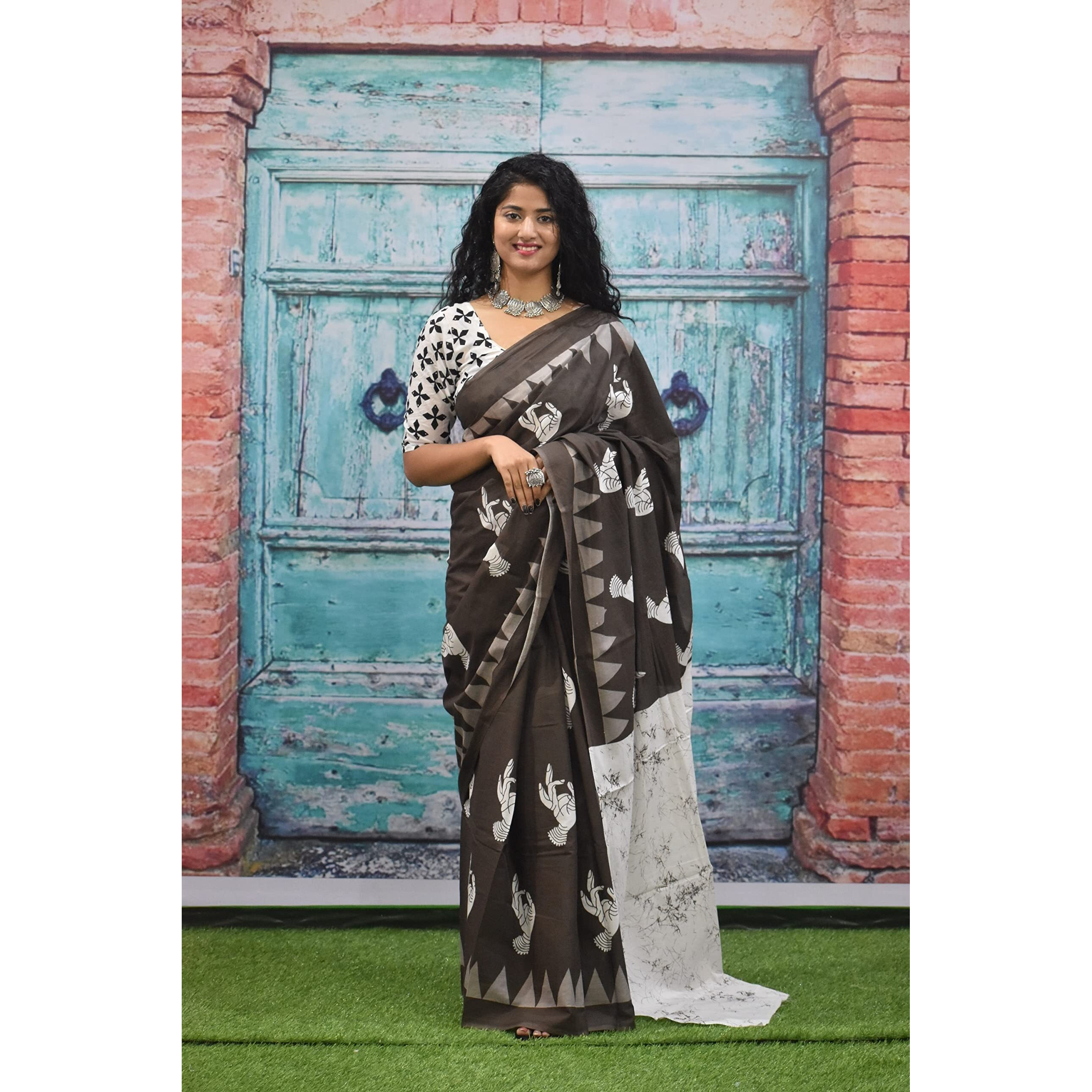 JALTHER Handicrafts Womens Ikat Hand Block Print Jaipuri Cotton Mulmul Saree with Blouse Piece - Brown_308
