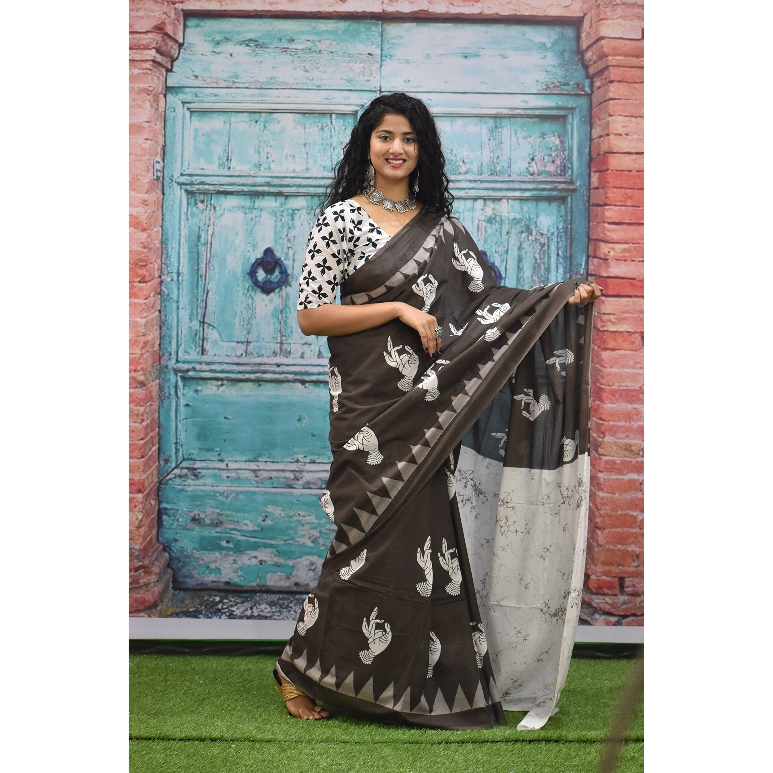 JALTHER Handicrafts Womens Ikat Hand Block Print Jaipuri Cotton Mulmul Saree with Blouse Piece - Brown_308