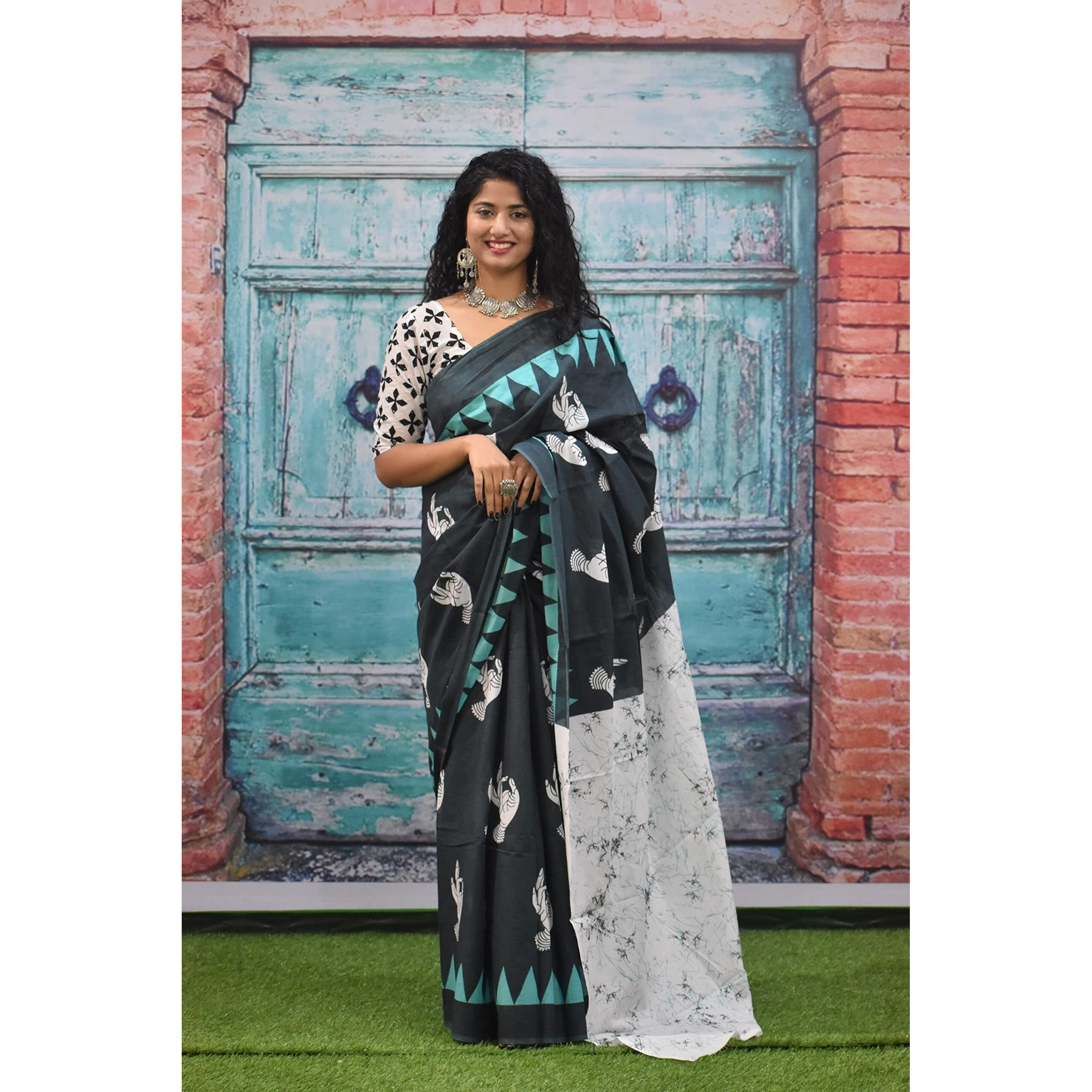 JALTHER Handicrafts Womens Ikat Hand Block Print Jaipuri Cotton Mulmul Saree with Blouse Piece - Green_306