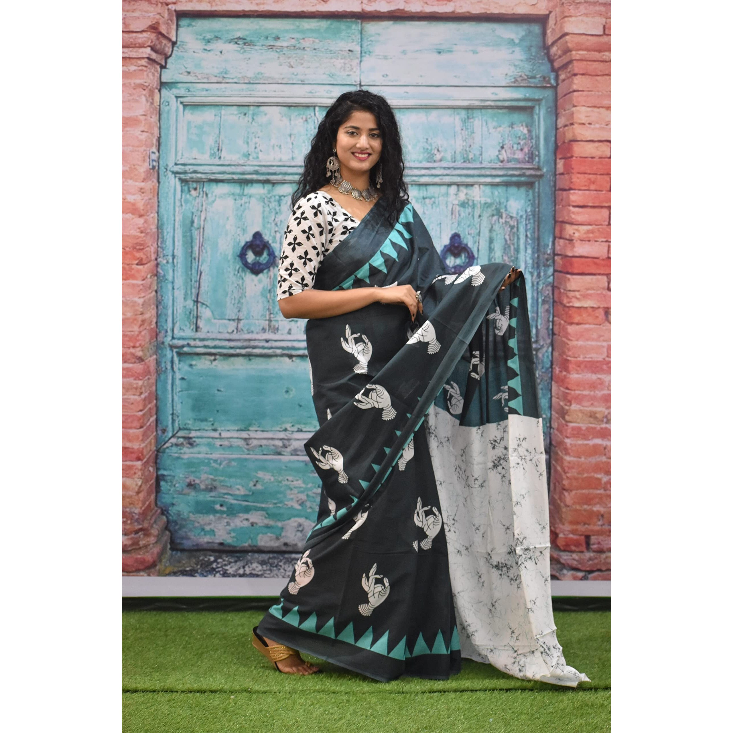 JALTHER Handicrafts Womens Ikat Hand Block Print Jaipuri Cotton Mulmul Saree with Blouse Piece - Green_306