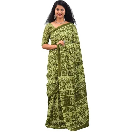 JALTHER Handicrafts Womens Ikat Hand Block Print Jaipuri Cotton Mulmul Saree with Blouse Piece - Green_143