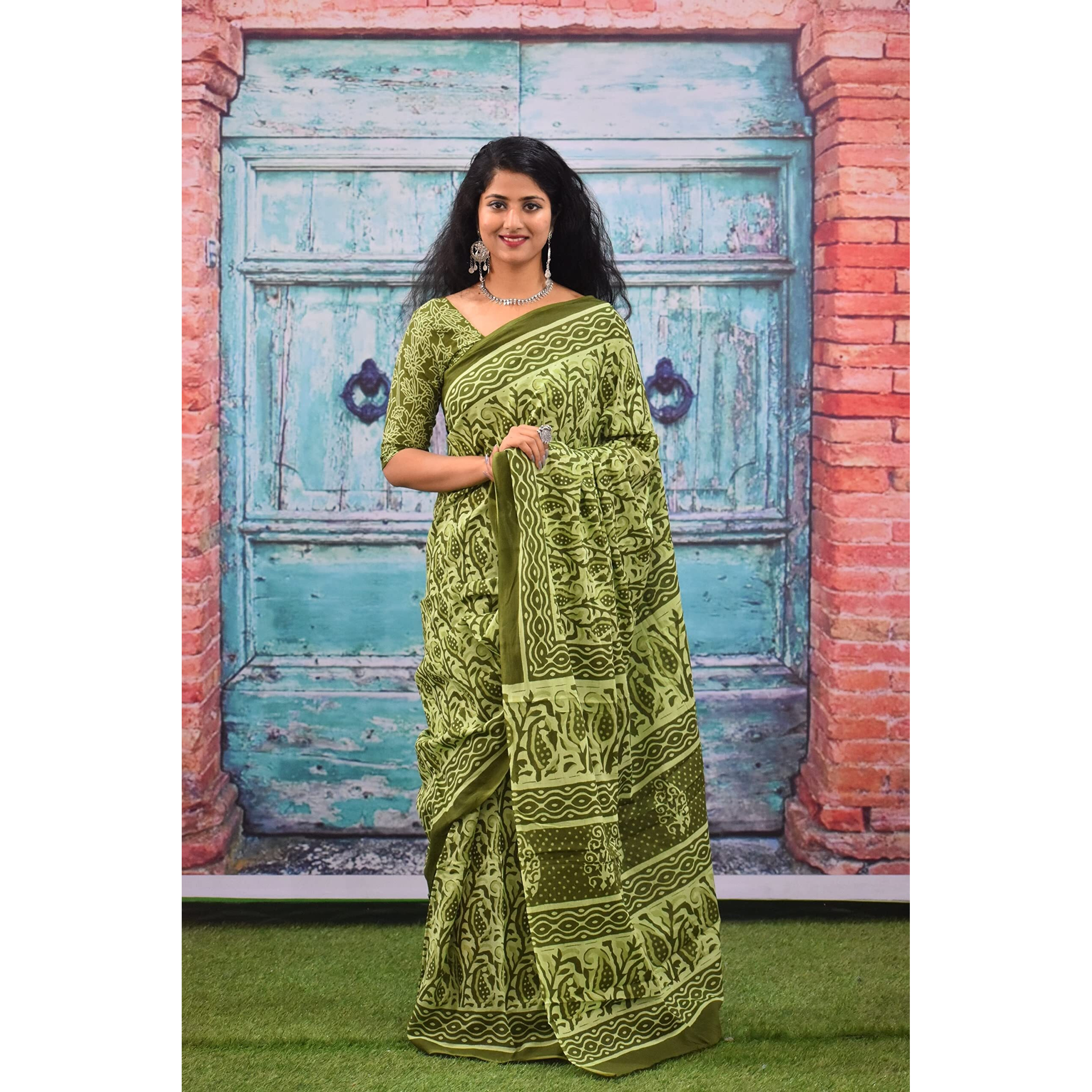 JALTHER Handicrafts Womens Ikat Hand Block Print Jaipuri Cotton Mulmul Saree with Blouse Piece - Green_143
