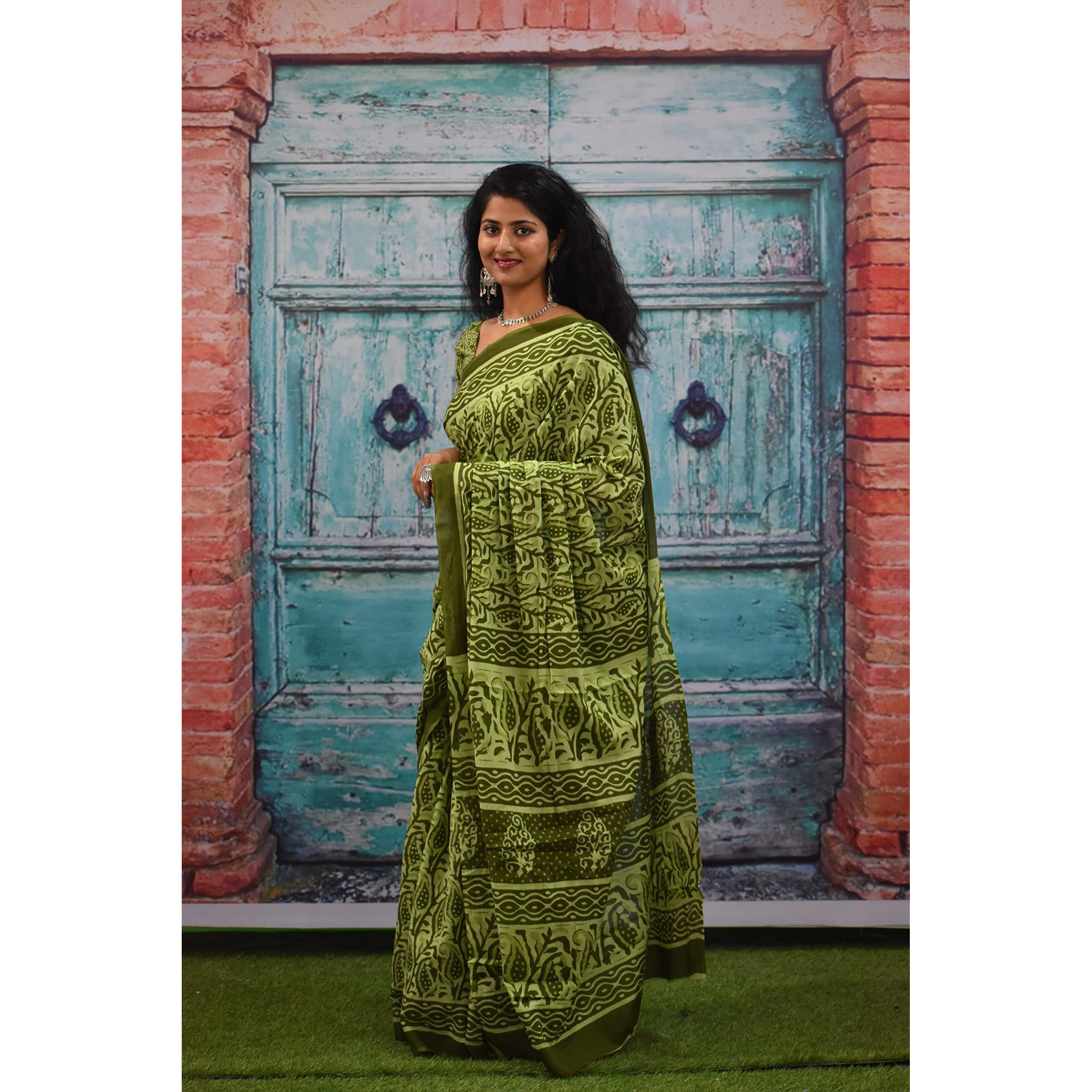 JALTHER Handicrafts Womens Ikat Hand Block Print Jaipuri Cotton Mulmul Saree with Blouse Piece - Green_143