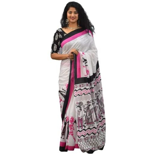 JALTHER Handicrafts Womens Ikat Hand Block Print Jaipuri Cotton Mulmul Saree with Blouse Piece - Pink_147