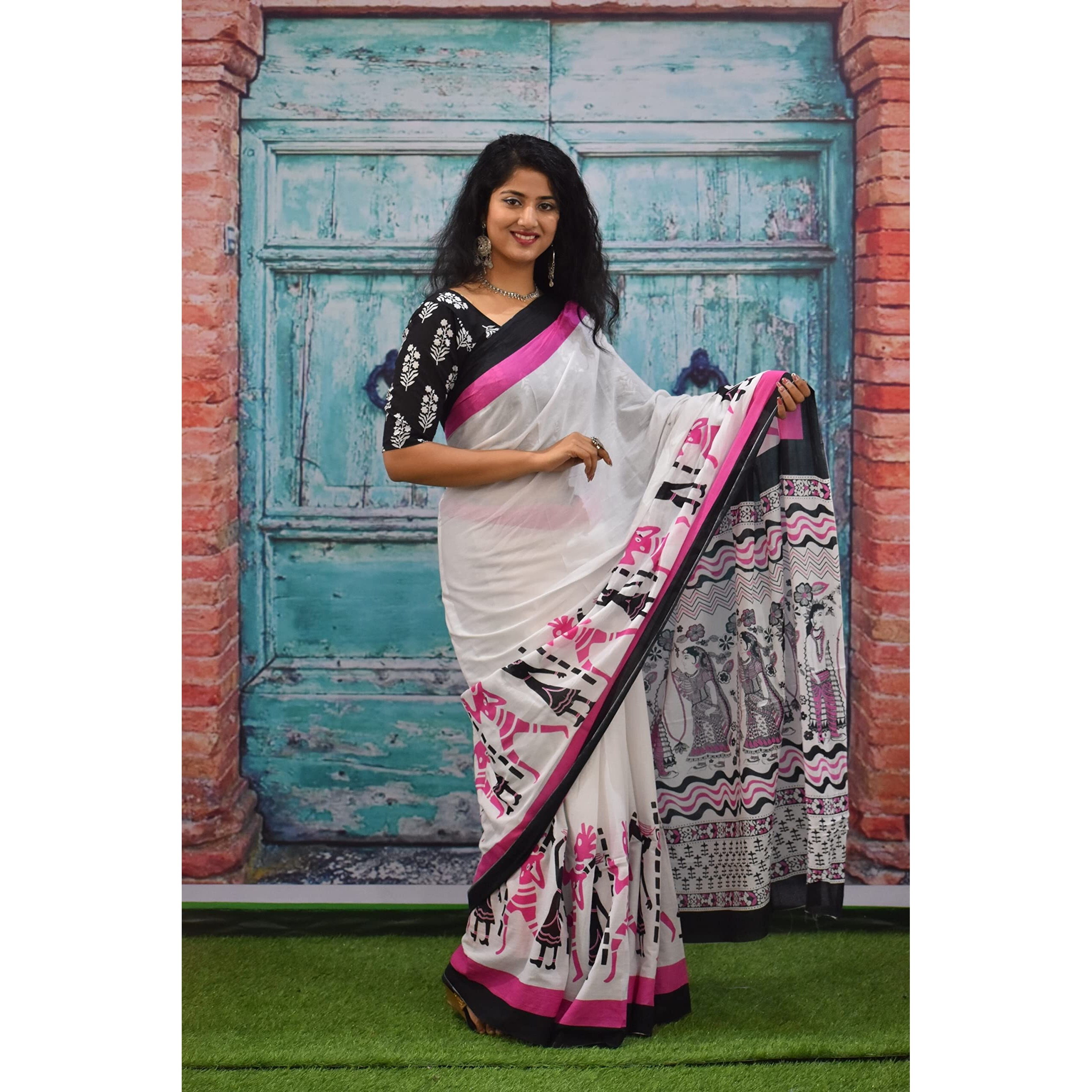 JALTHER Handicrafts Womens Ikat Hand Block Print Jaipuri Cotton Mulmul Saree with Blouse Piece - Pink_147