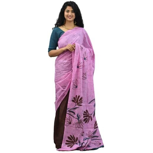 JALTHER Handicrafts Womens Ikat Hand Block Print Jaipuri Cotton Mulmul Saree with Blouse Piece - Pink_60