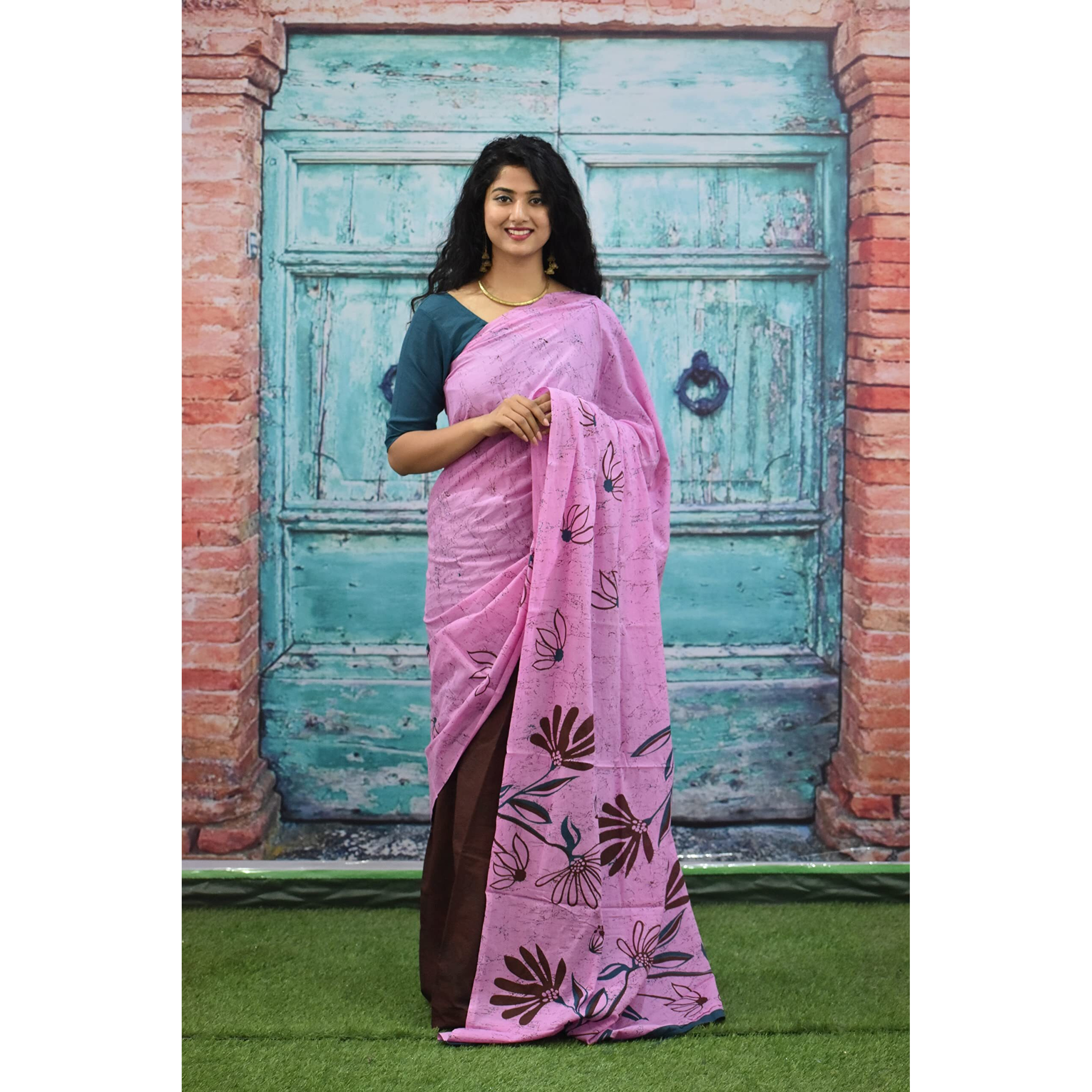 JALTHER Handicrafts Womens Ikat Hand Block Print Jaipuri Cotton Mulmul Saree with Blouse Piece - Pink_60