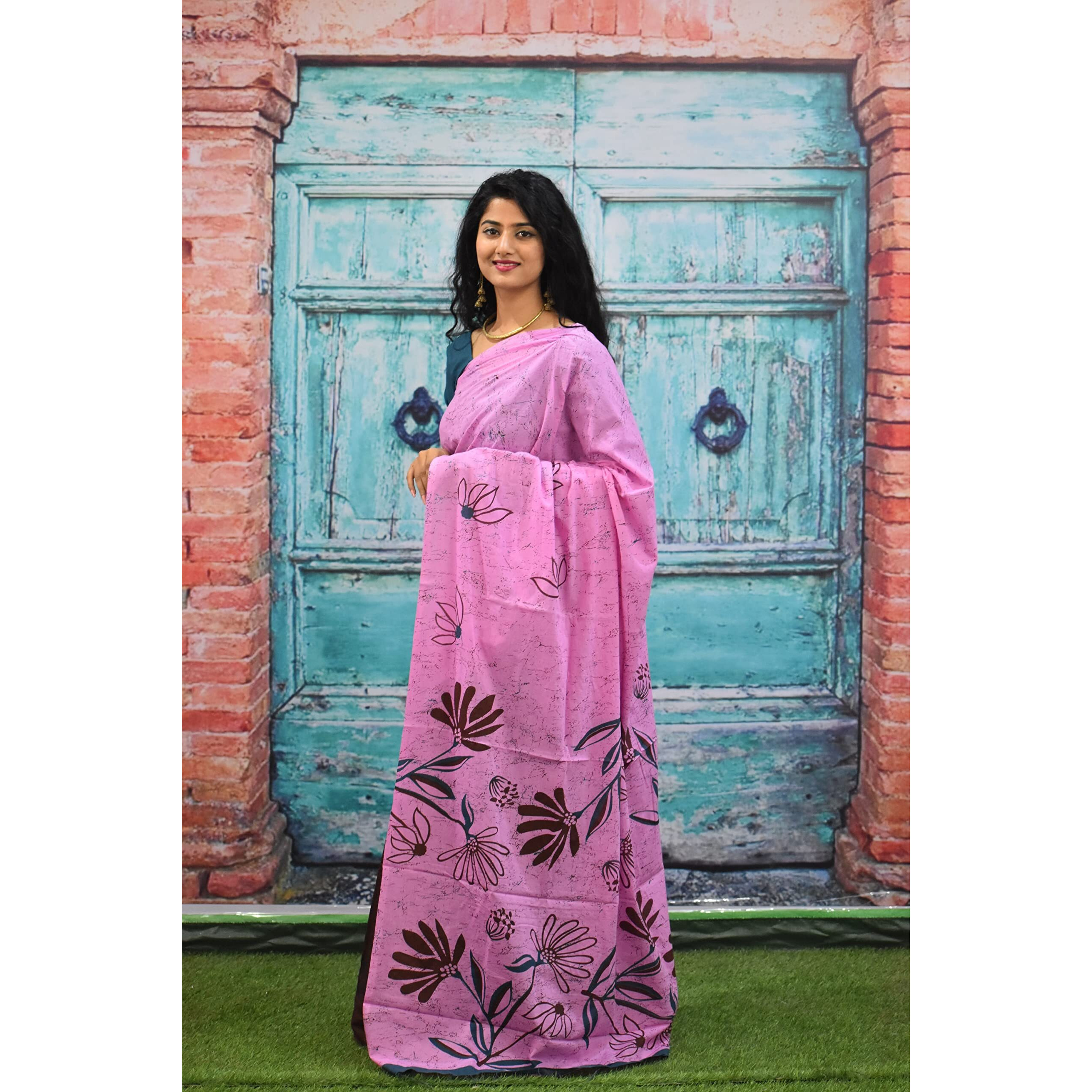 JALTHER Handicrafts Womens Ikat Hand Block Print Jaipuri Cotton Mulmul Saree with Blouse Piece - Pink_60