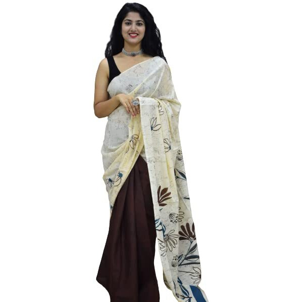 JALTHER Handicrafts Womens Ikat Hand Block Print Jaipuri Cotton Mulmul Saree with Blouse Piece - Cream_59