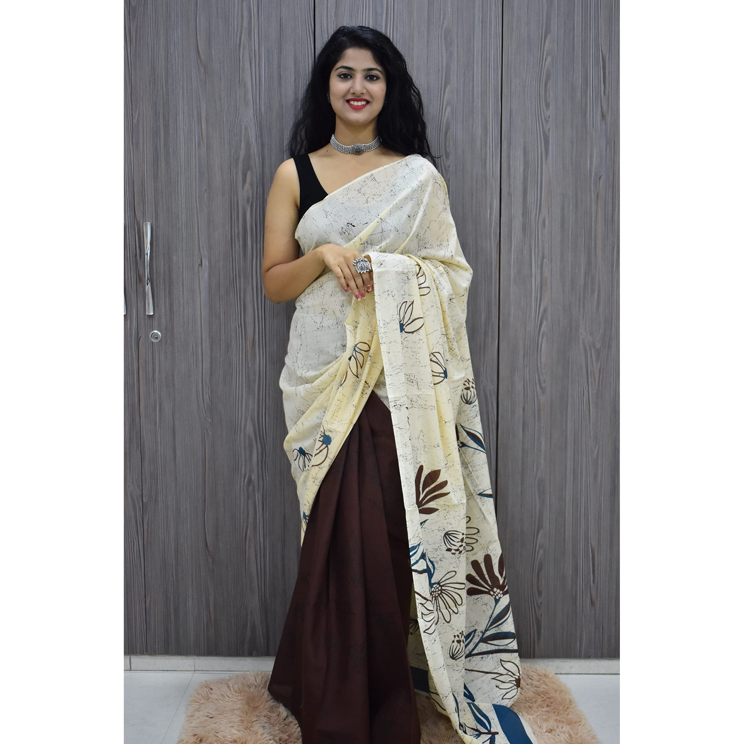 JALTHER Handicrafts Womens Ikat Hand Block Print Jaipuri Cotton Mulmul Saree with Blouse Piece - Cream_59