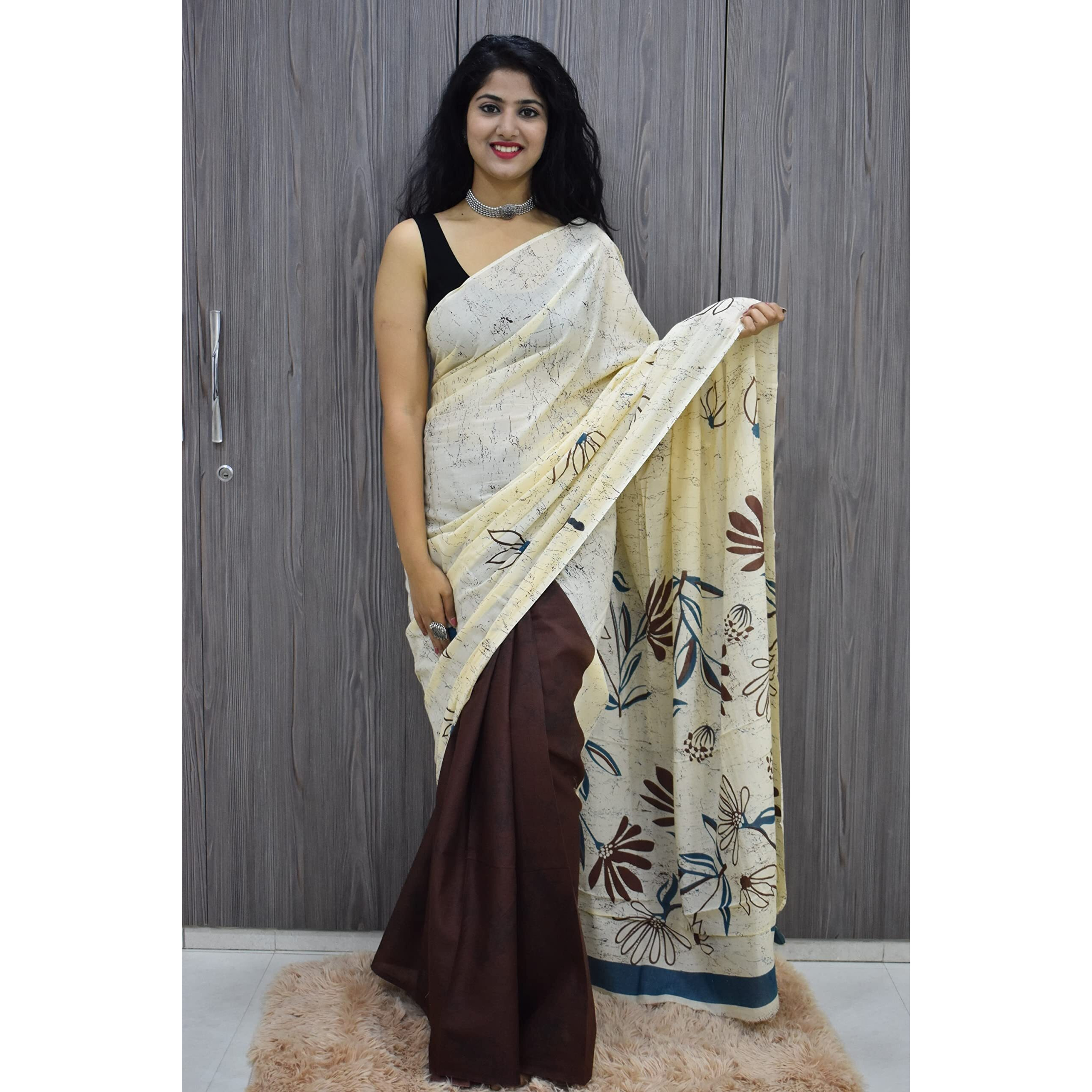 JALTHER Handicrafts Womens Ikat Hand Block Print Jaipuri Cotton Mulmul Saree with Blouse Piece - Cream_59