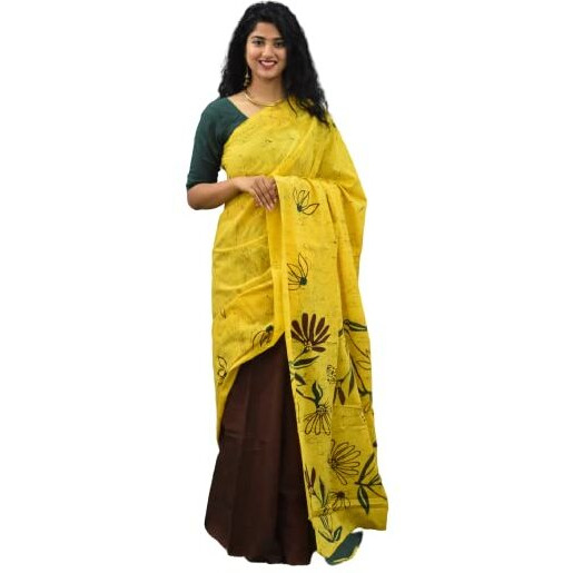 JALTHER Handicrafts Womens Ikat Hand Block Print Jaipuri Cotton Mulmul Saree with Blouse Piece - Yellow_56